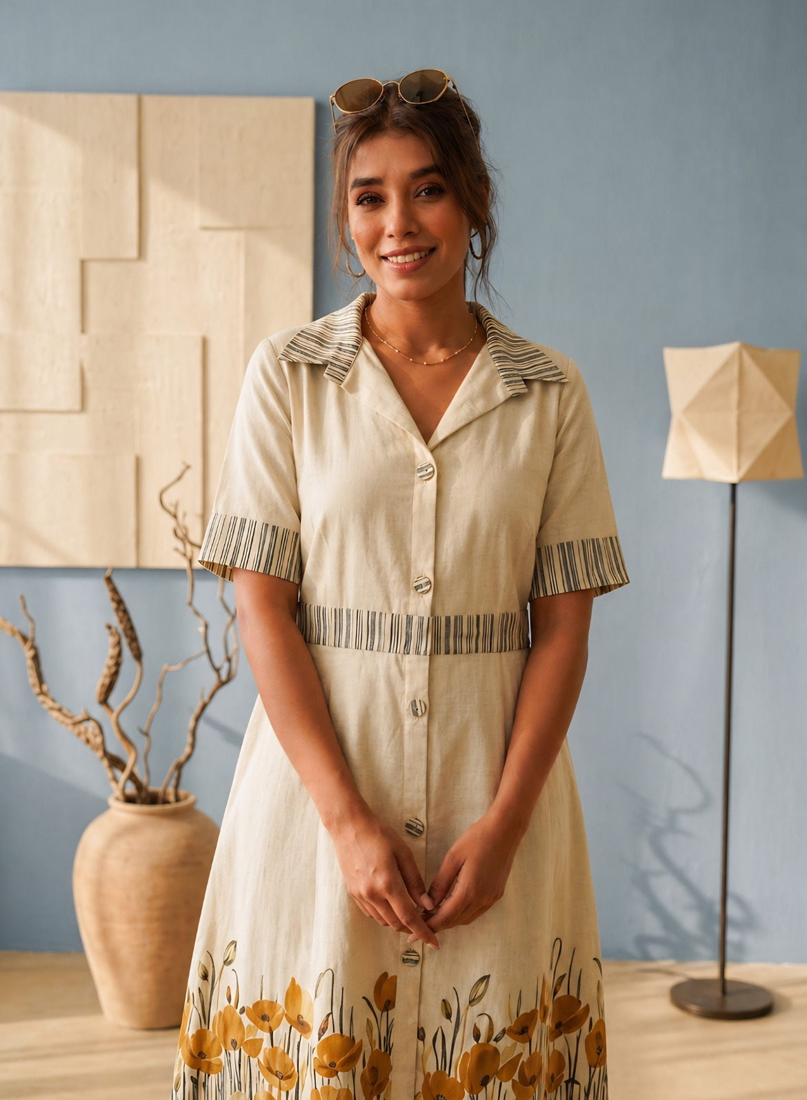 Beige Floral Shirt Dress
