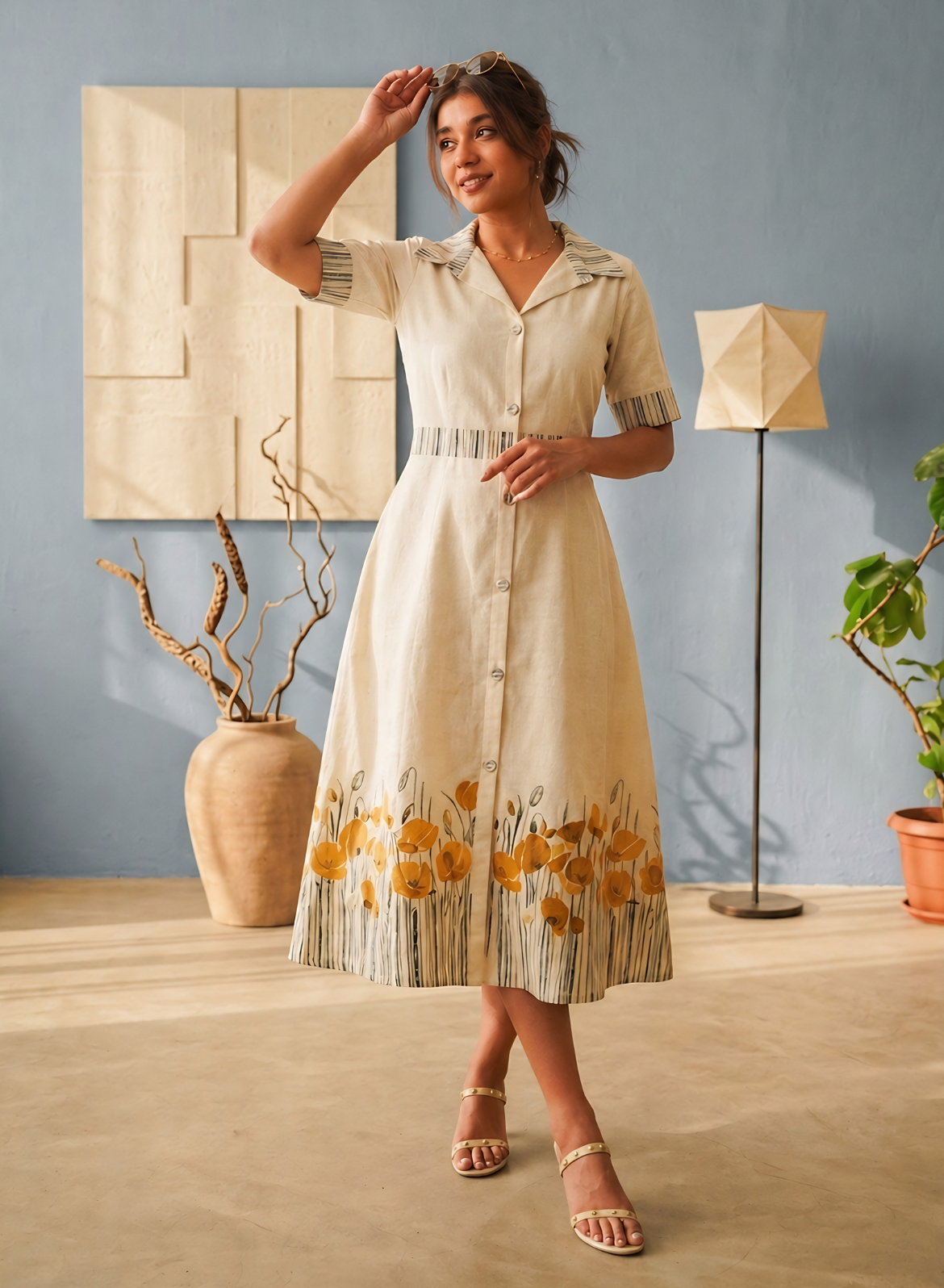 Beige Floral Shirt Dress