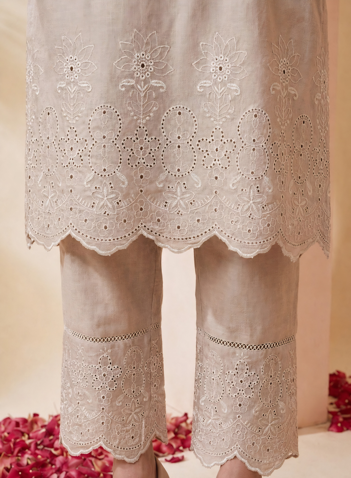 Beige Embroidered Kurta Pant Set