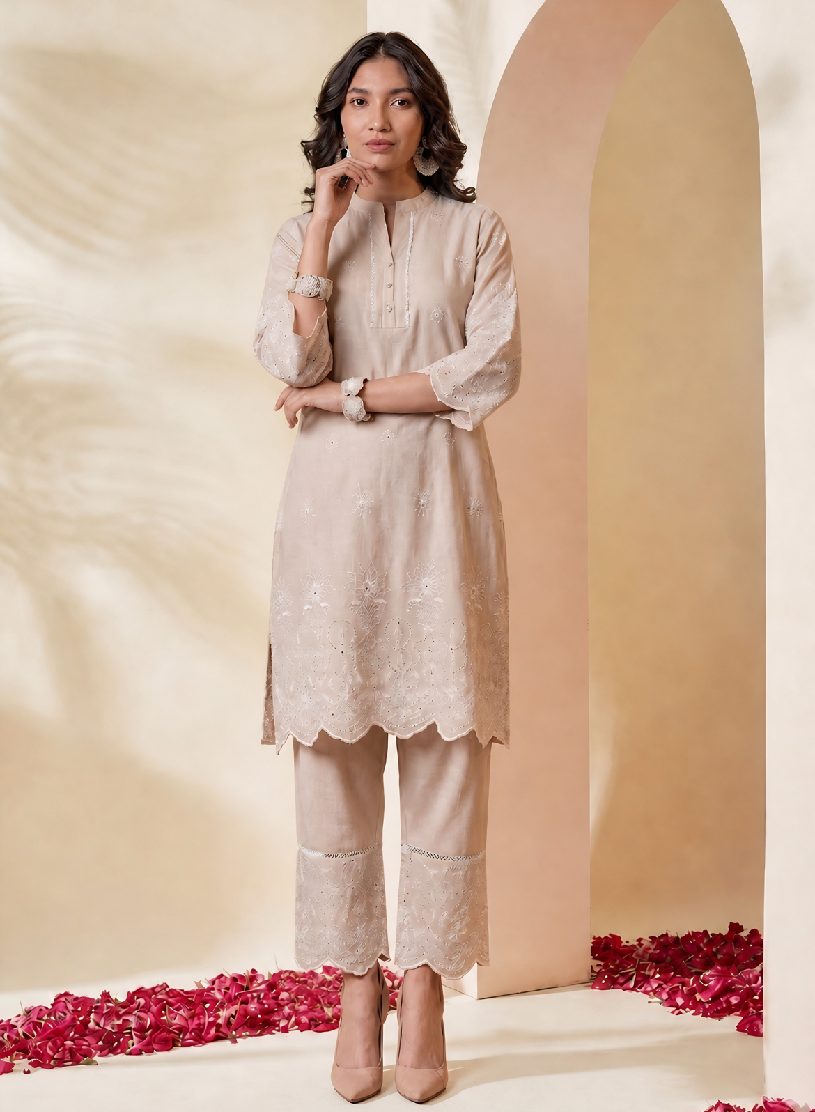 Beige Embroidered Kurta Pant Set