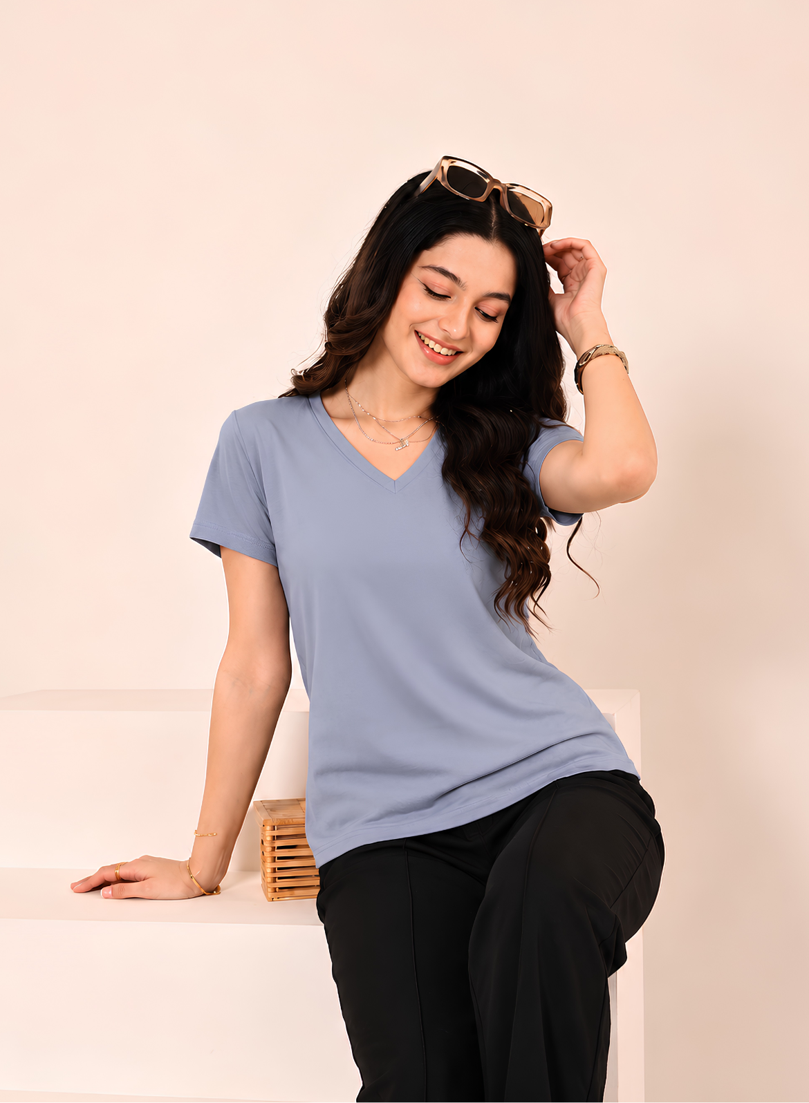 Gallant Grey Solid V-Neck T-shirt for Women