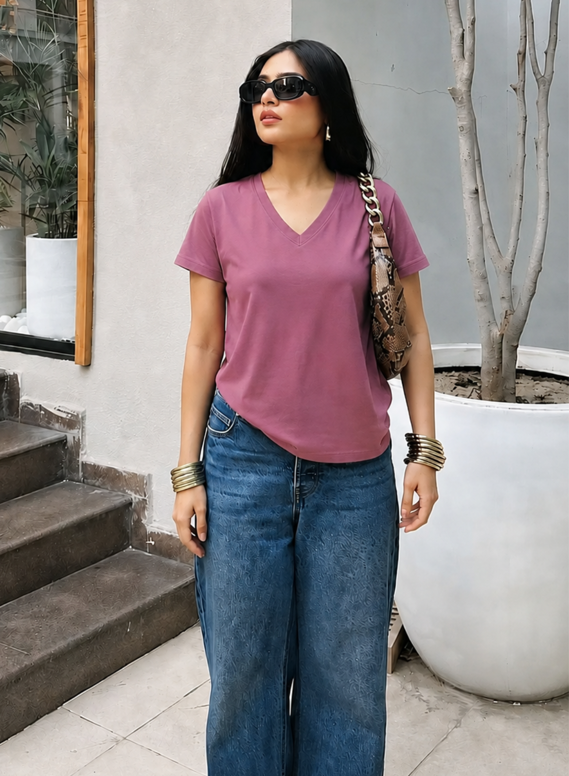 Powerful Pink Solid V-Neck T-shirt for Women