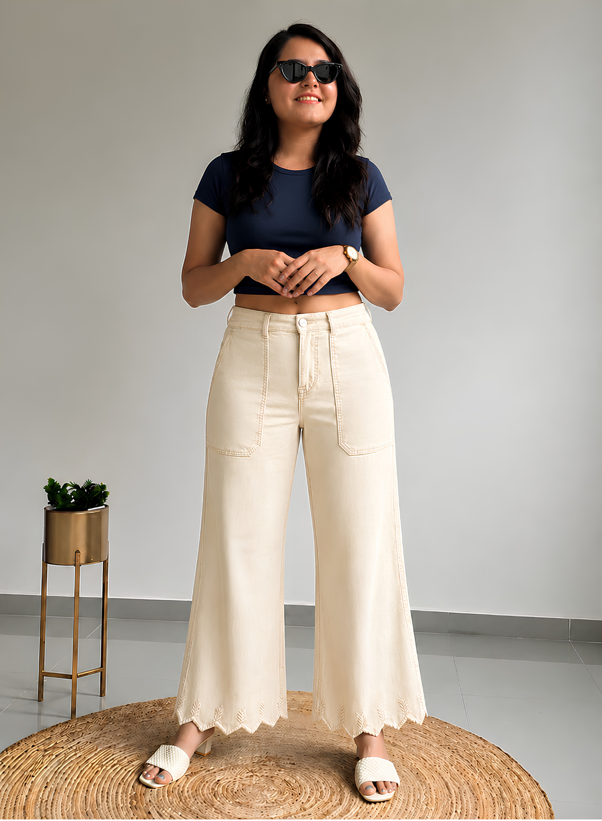 Beige Wide Leg Pants