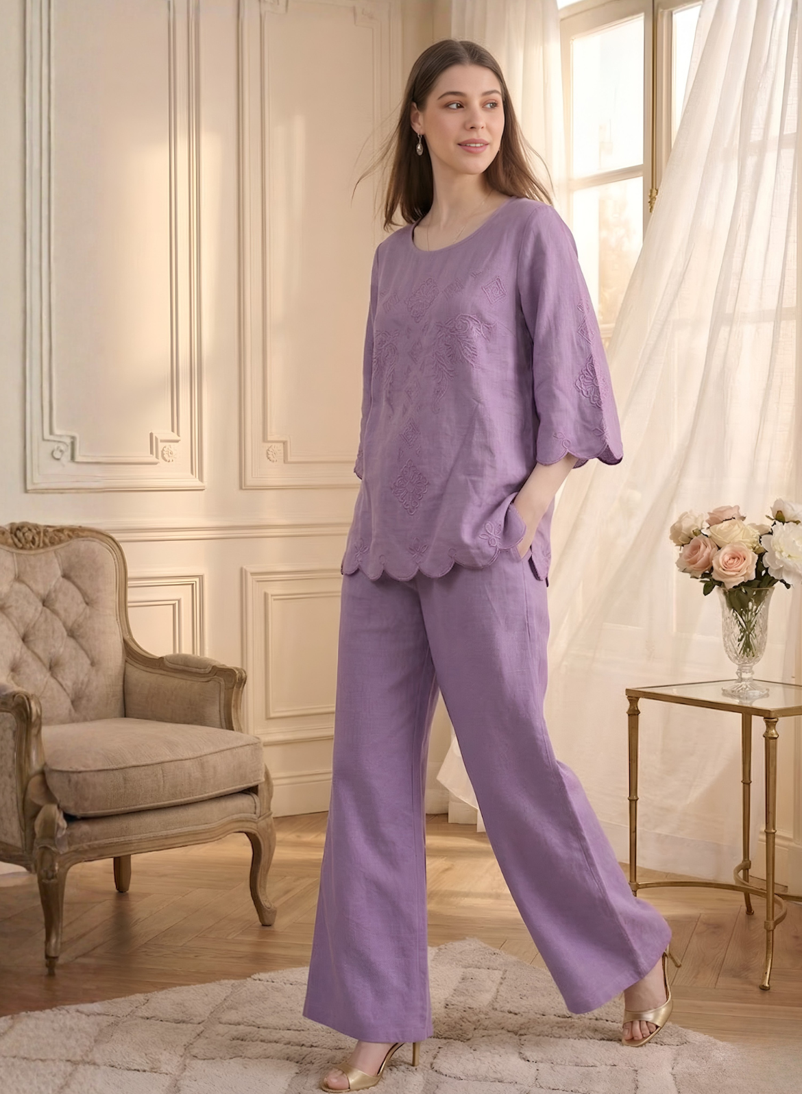 Lilac Bloom Cotton Embroidered Co-ord Set