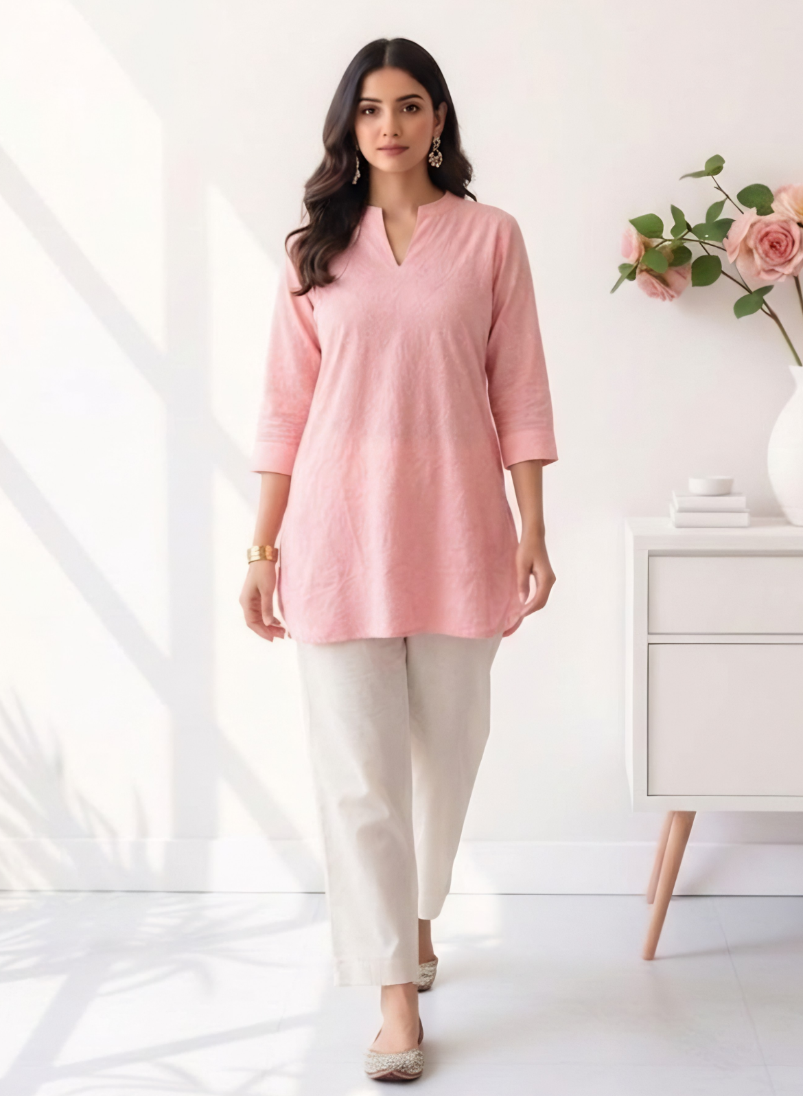 Soft Pink Cotton Embroidered Short Kurti