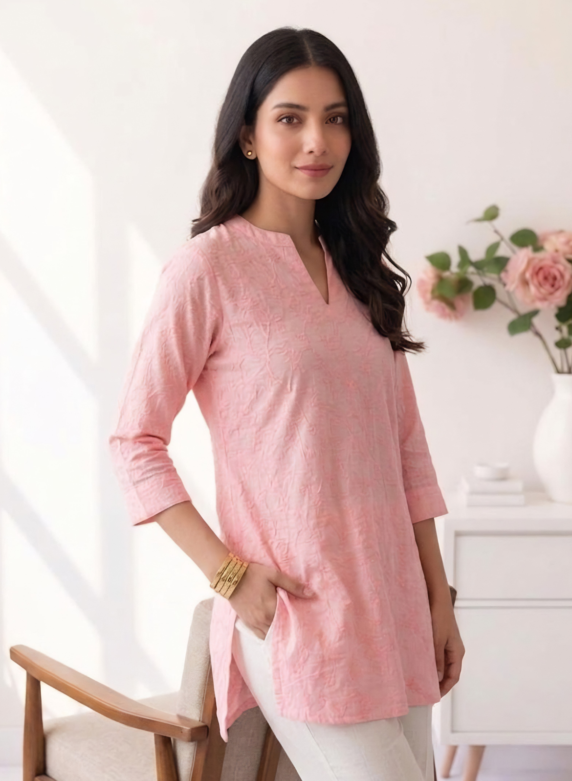 Soft Pink Cotton Embroidered Short Kurti