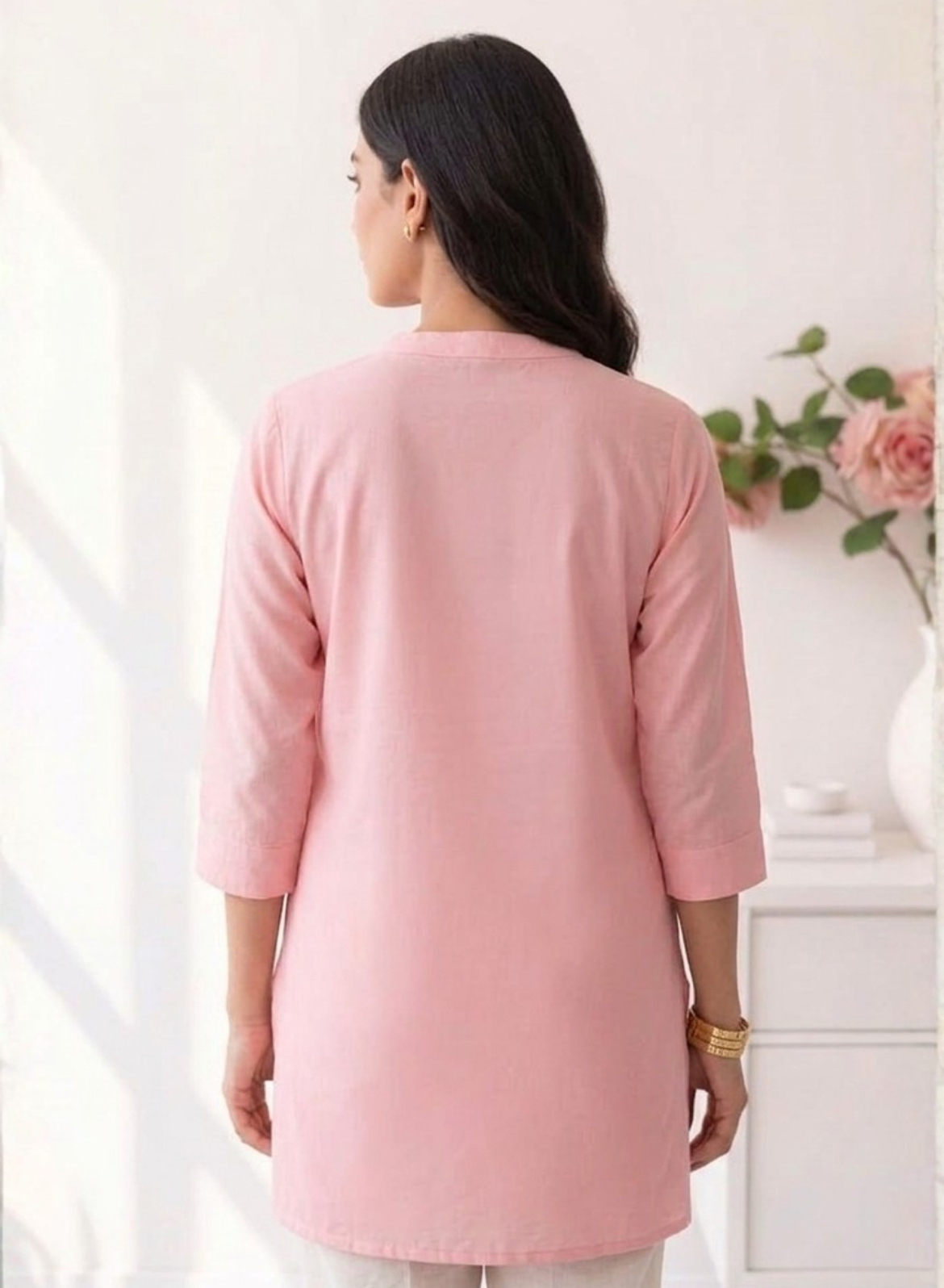 Soft Pink Cotton Embroidered Short Kurti