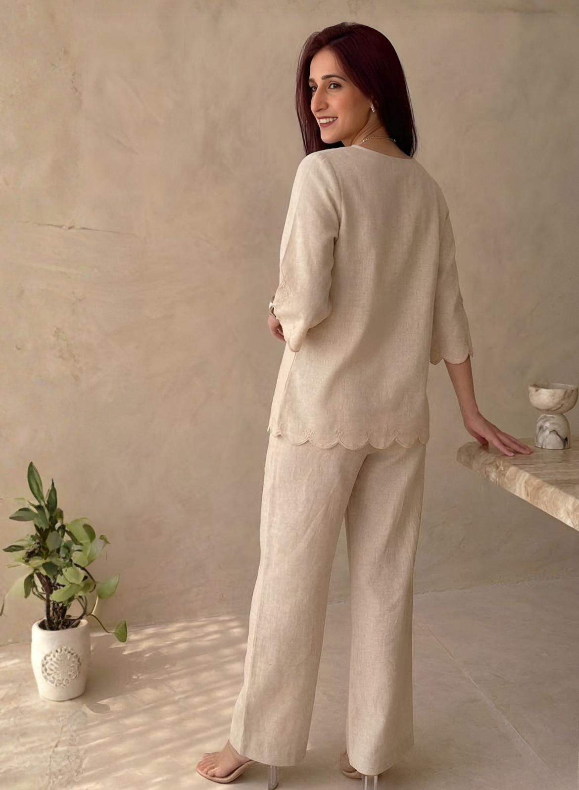 Sand Beige Cotton Embroidered Co-ord Set