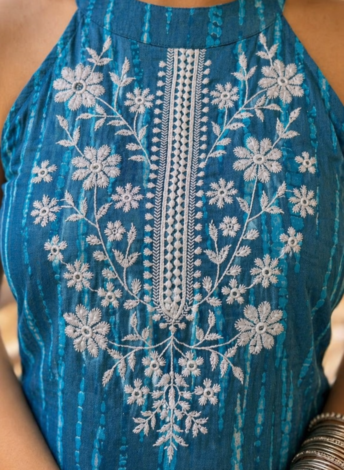 Aqua Teal Cotton Embroidered Straight Kurta