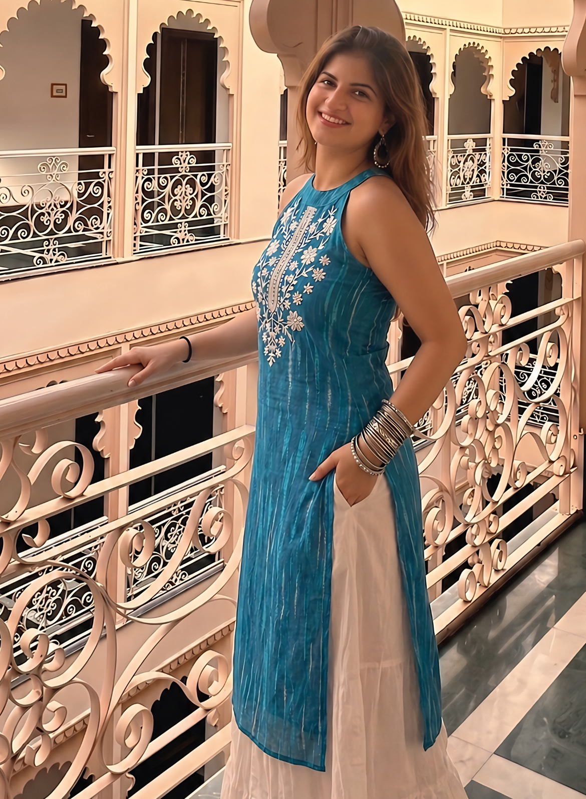 Aqua Teal Cotton Embroidered Straight Kurta