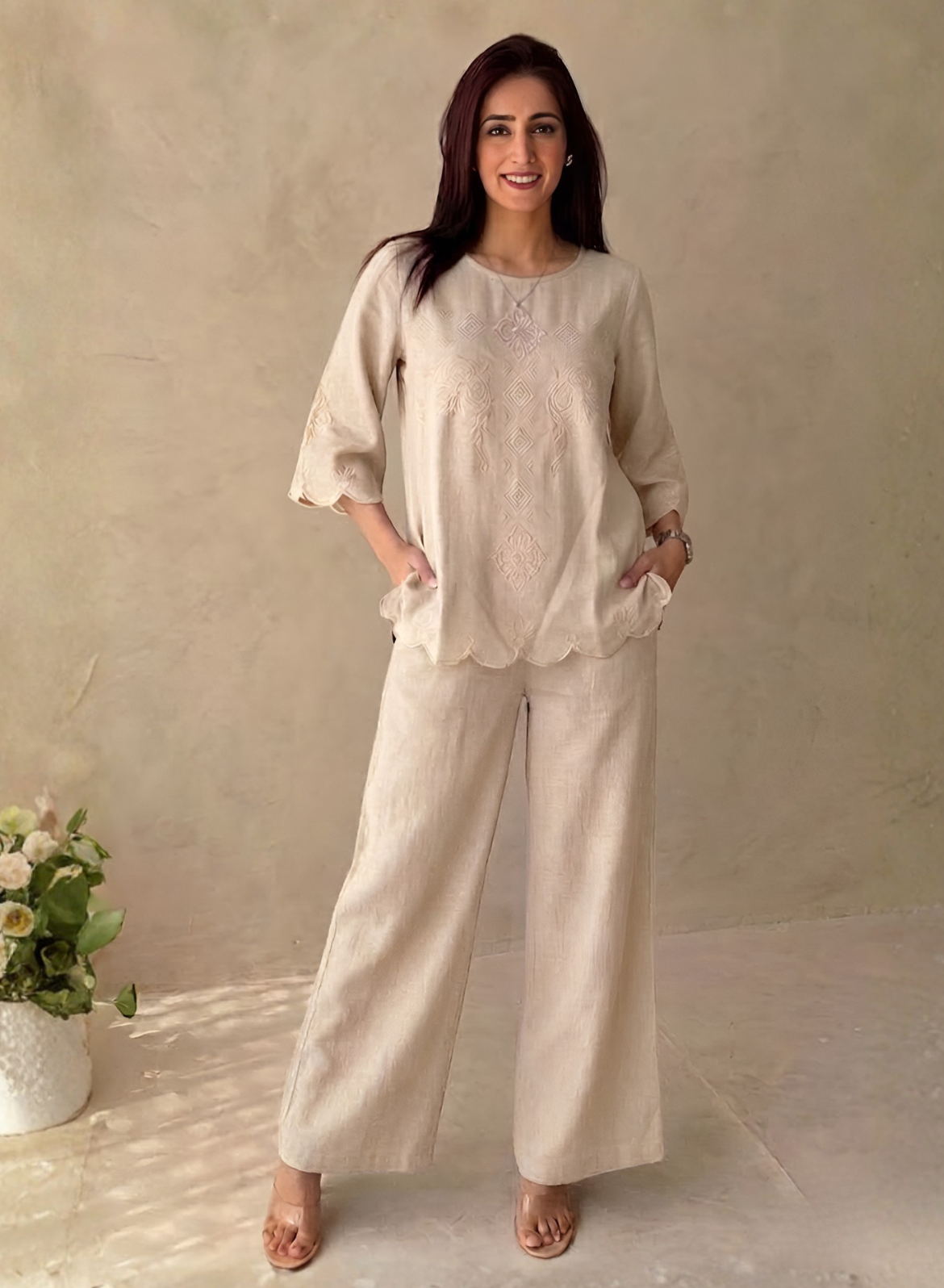 Sand Beige Cotton Embroidered Co-ord Set