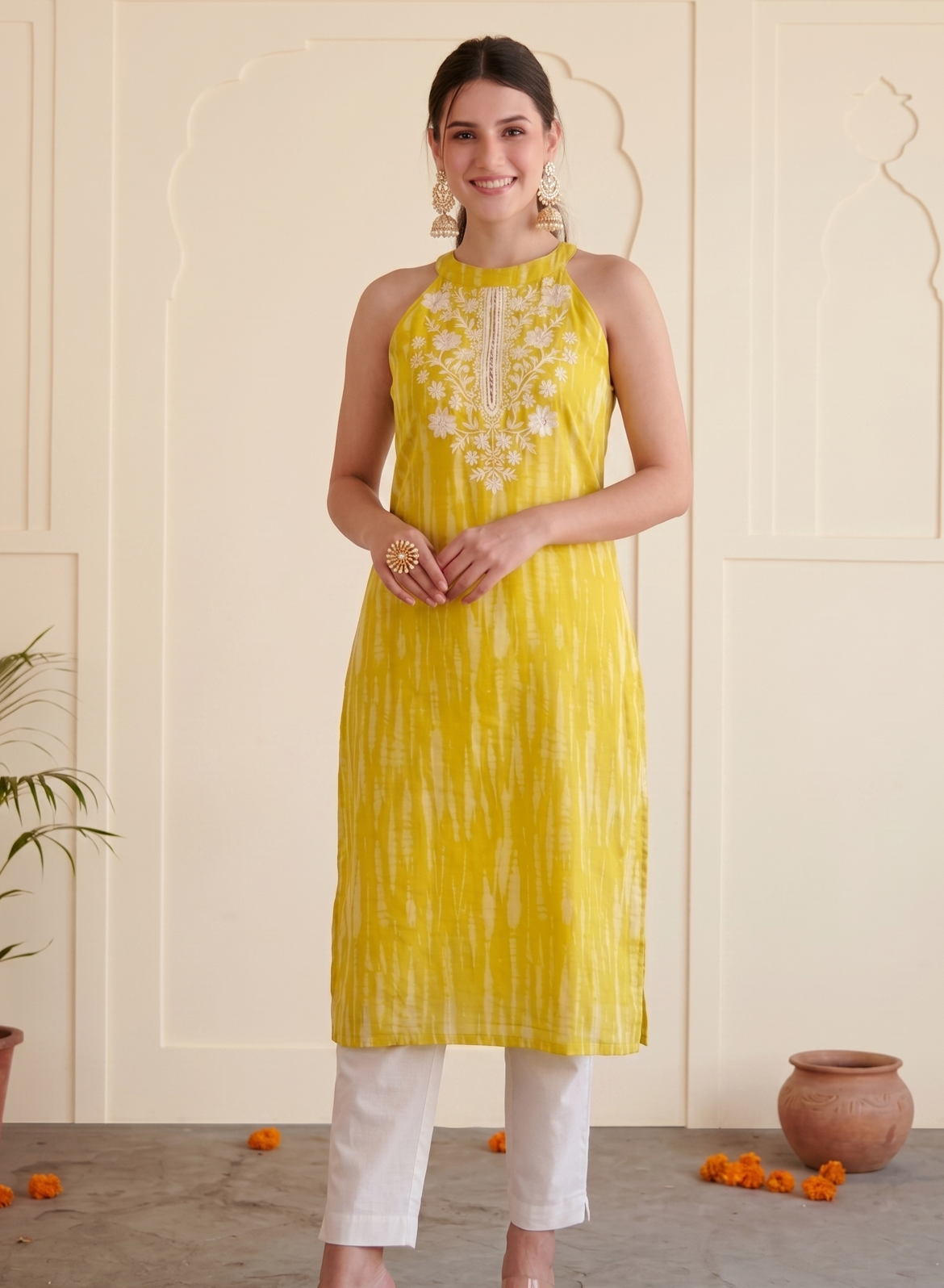 Sunshine Yellow Cotton Embroidered Straight Kurta