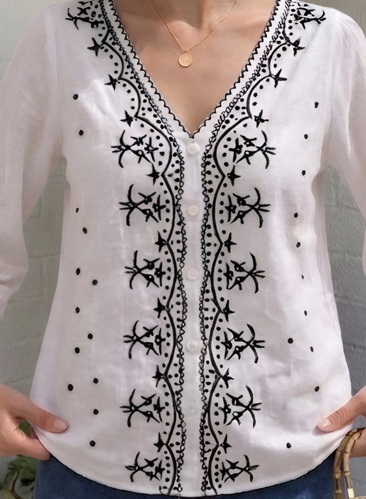 White & Black Embroidered Cotton Top
