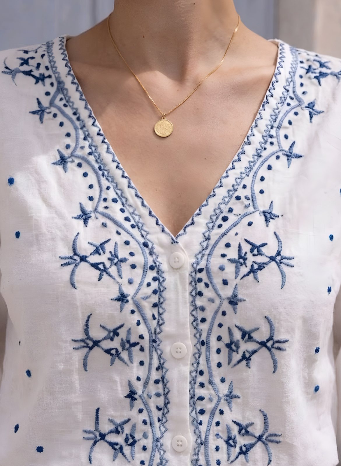 White & Blue Embroidered Cotton Top