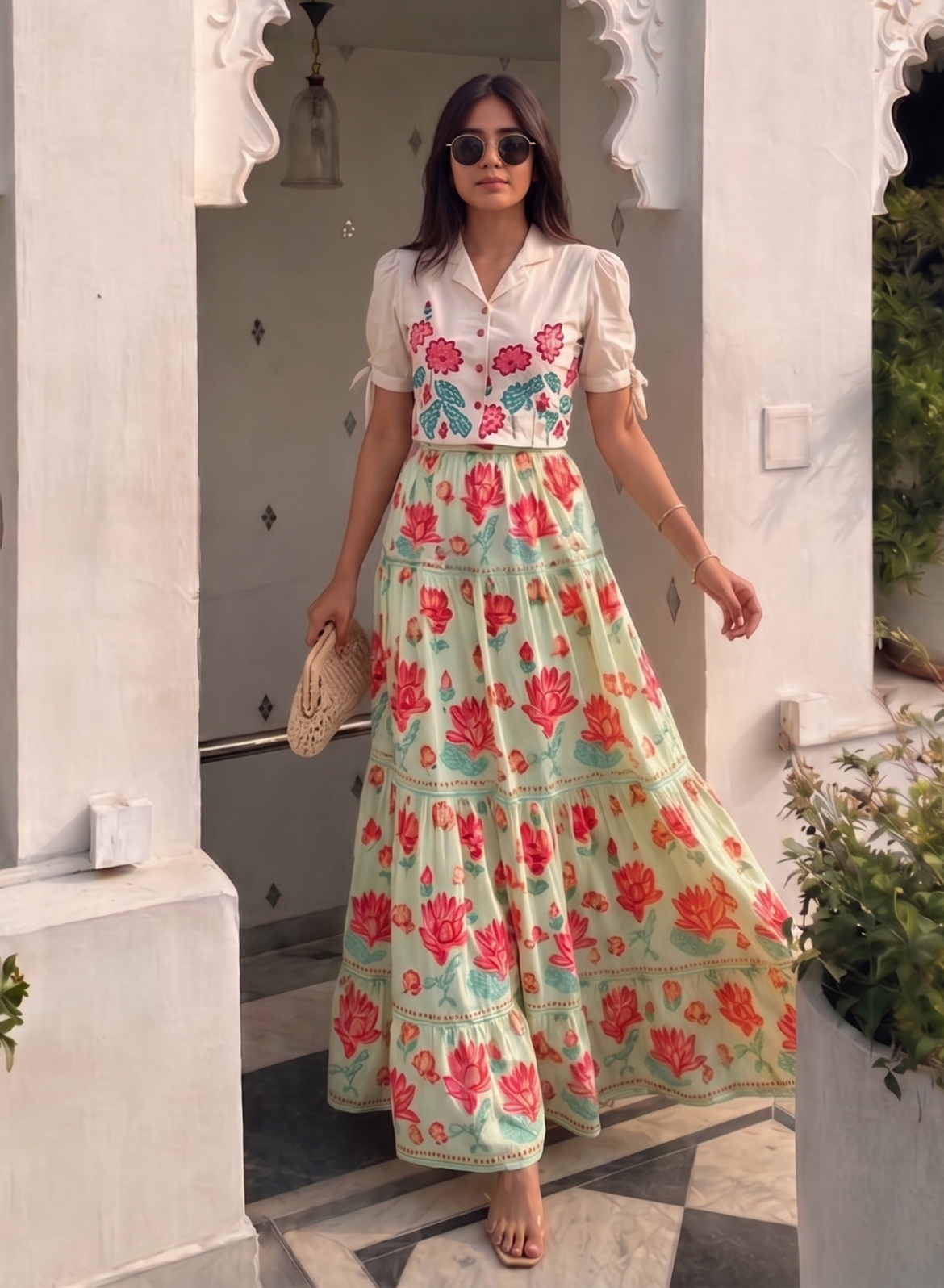 Mint Green Floral Skirt Set