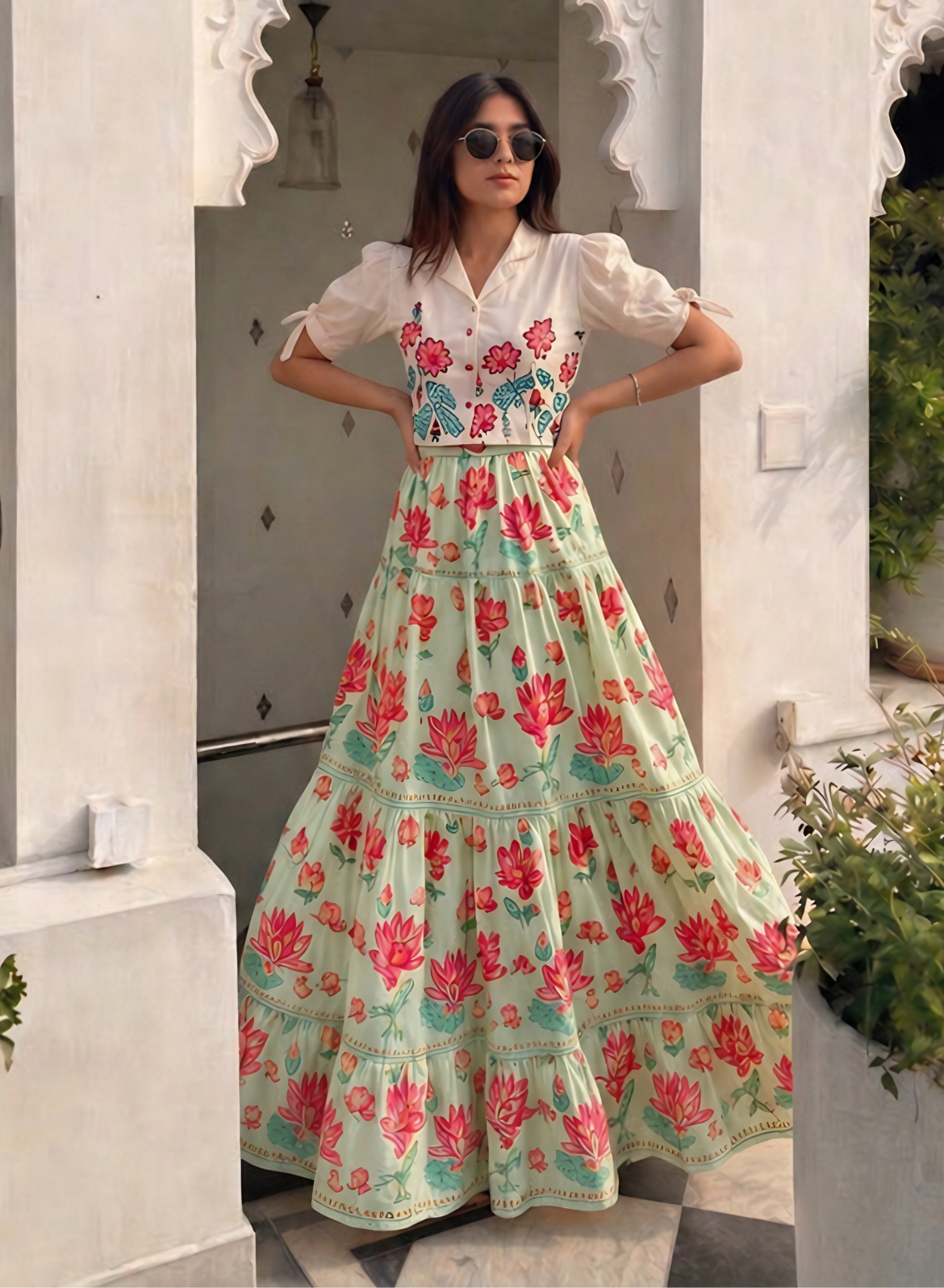 Mint Green Floral Skirt Set
