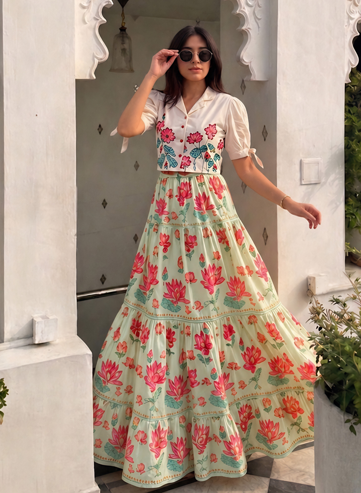 Mint Green Floral Skirt Set