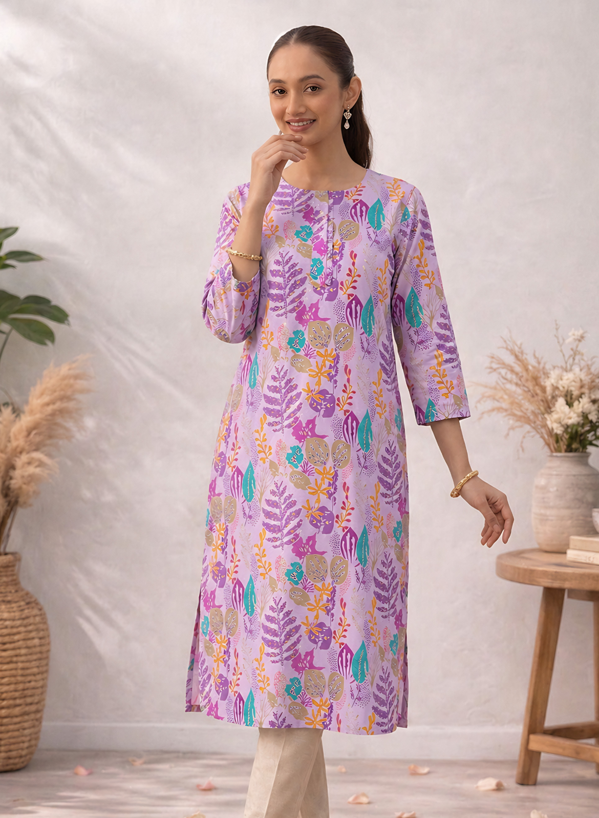 Lilac Printed Straight Kurta