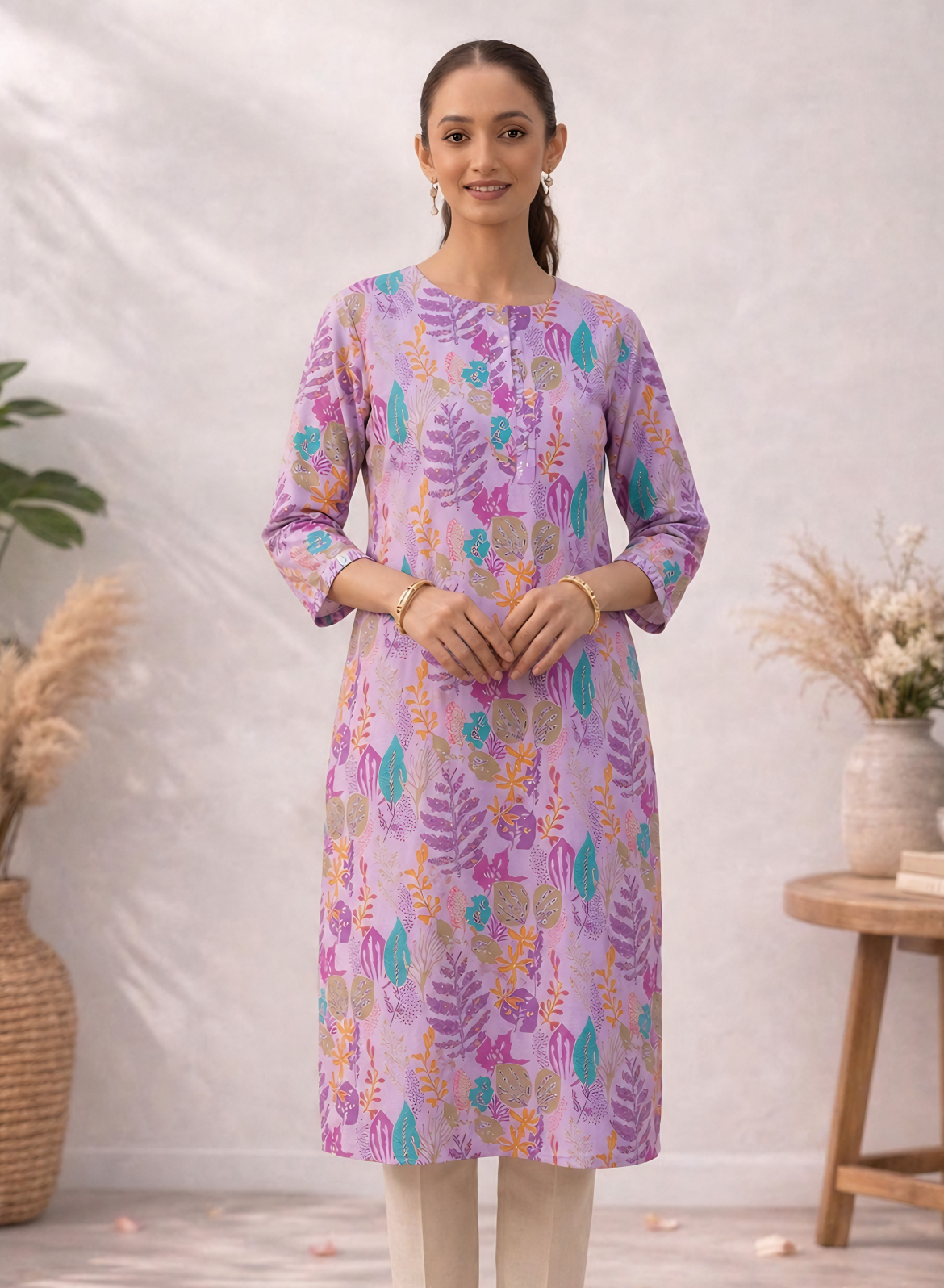 Lilac Printed Straight Kurta