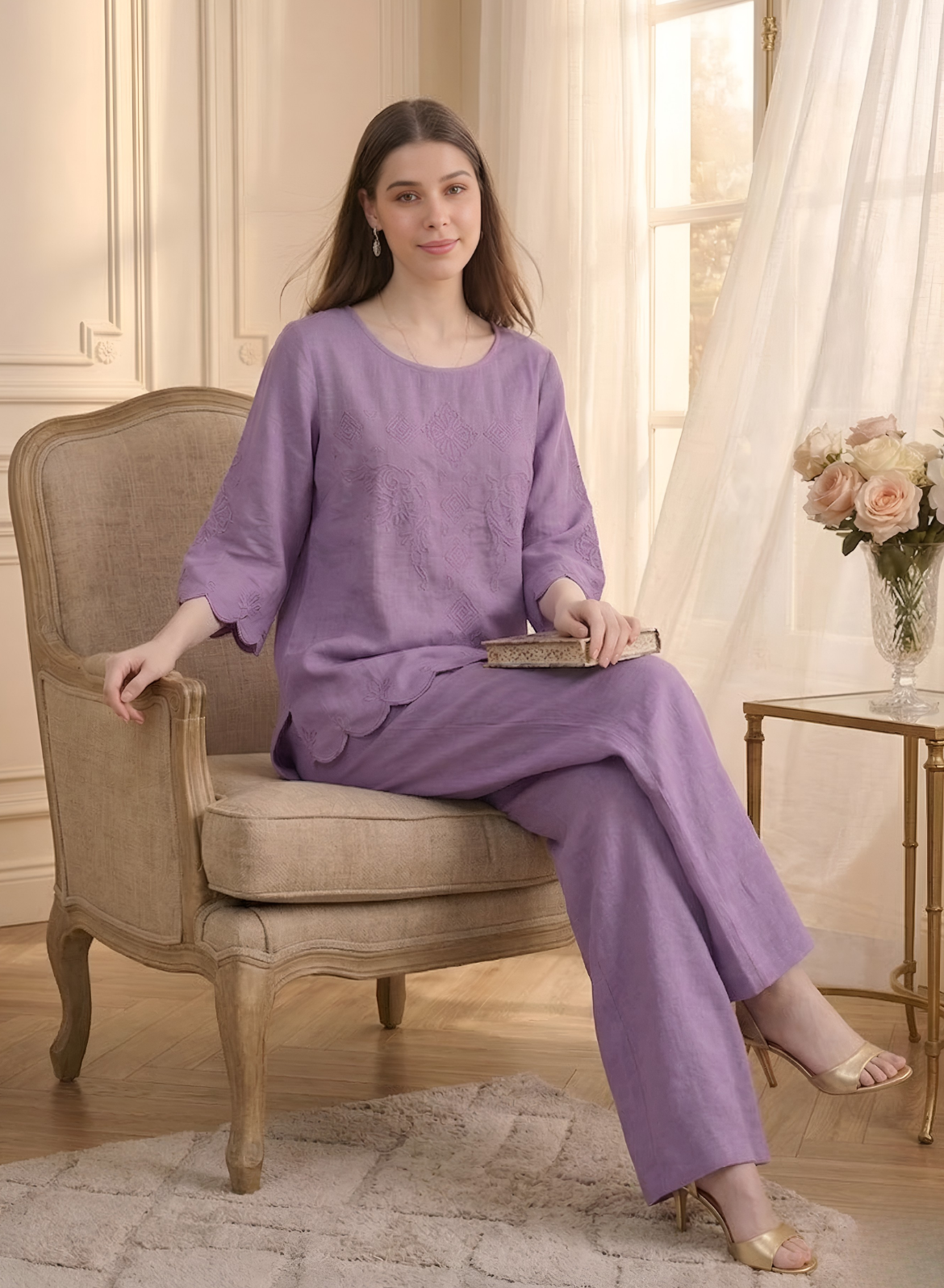 Lilac Bloom Cotton Embroidered Co-ord Set