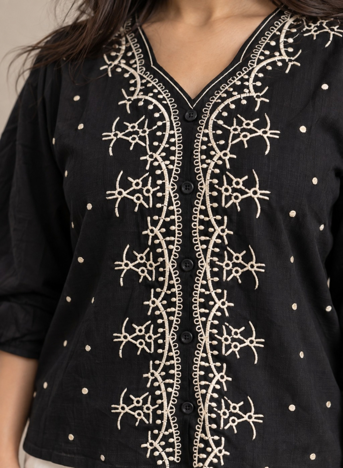 Black & Beige Embroidered Cotton Top