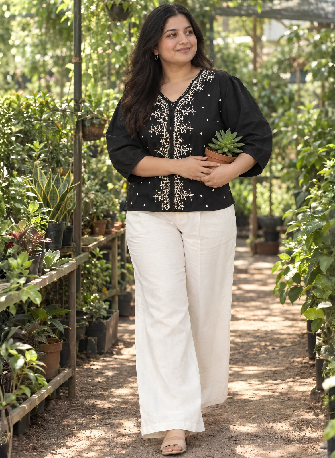 Black & Beige Embroidered Cotton Top