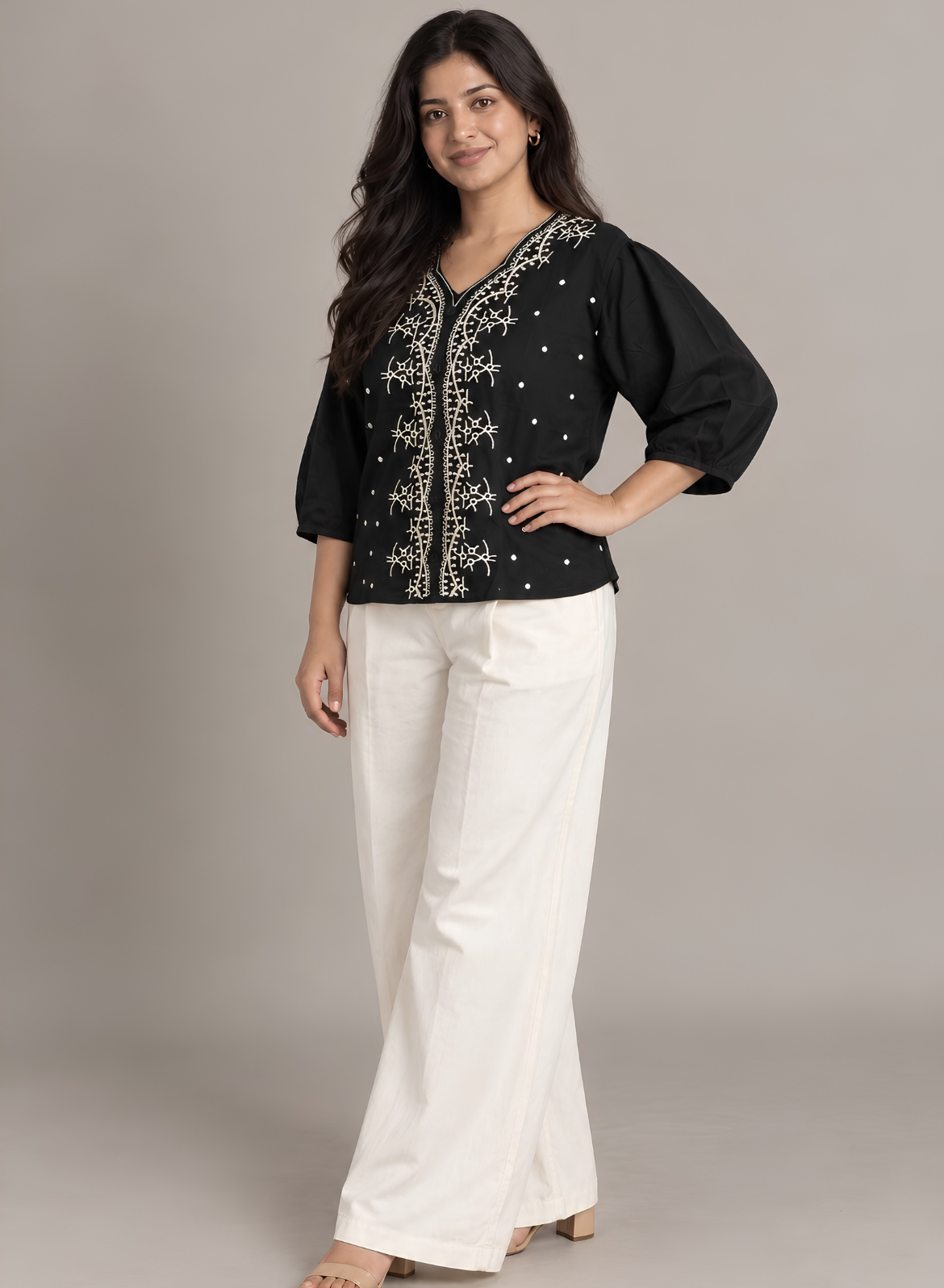 Black & Beige Embroidered Cotton Top