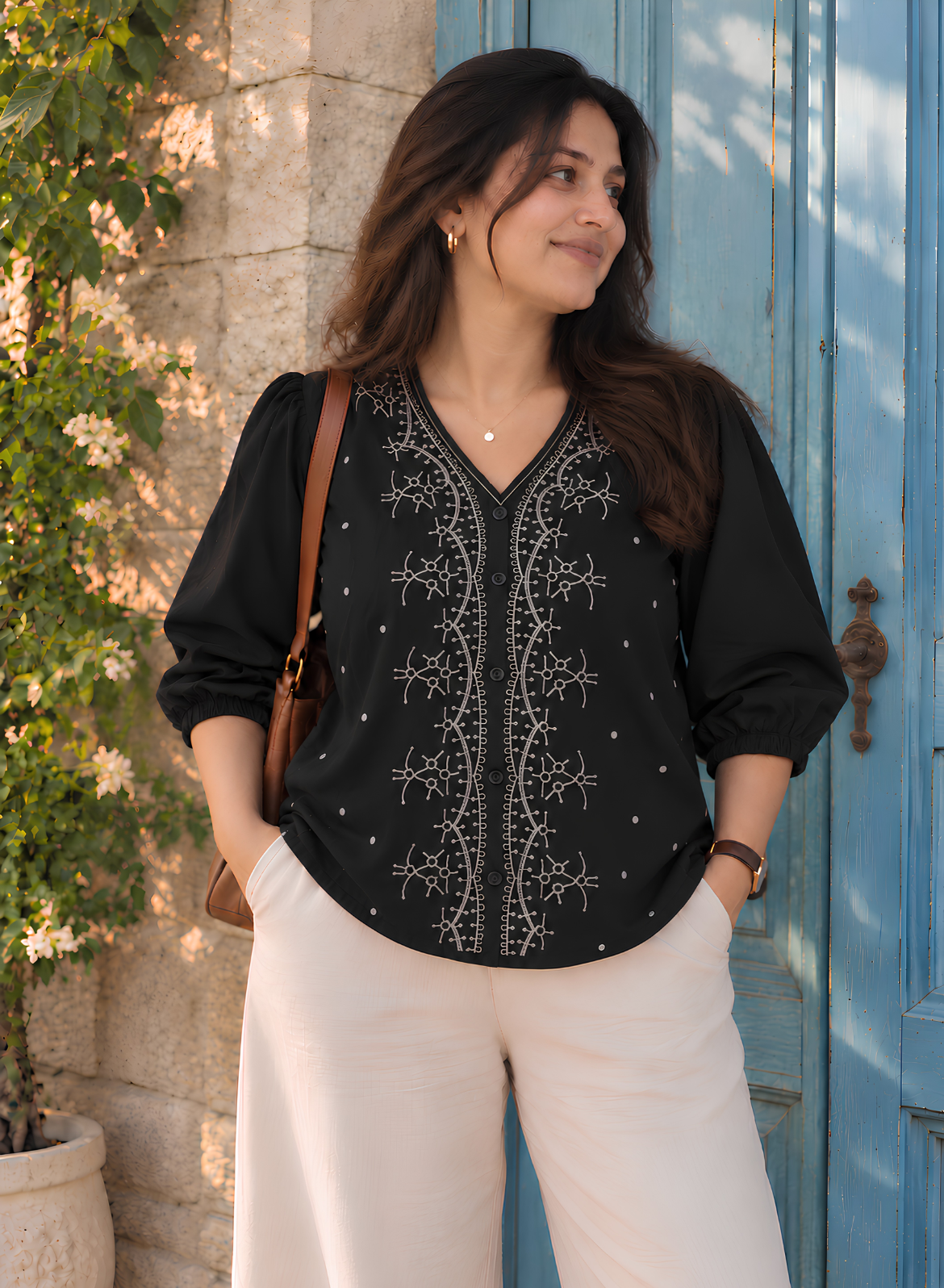 Black & Grey Embroidered Cotton Top