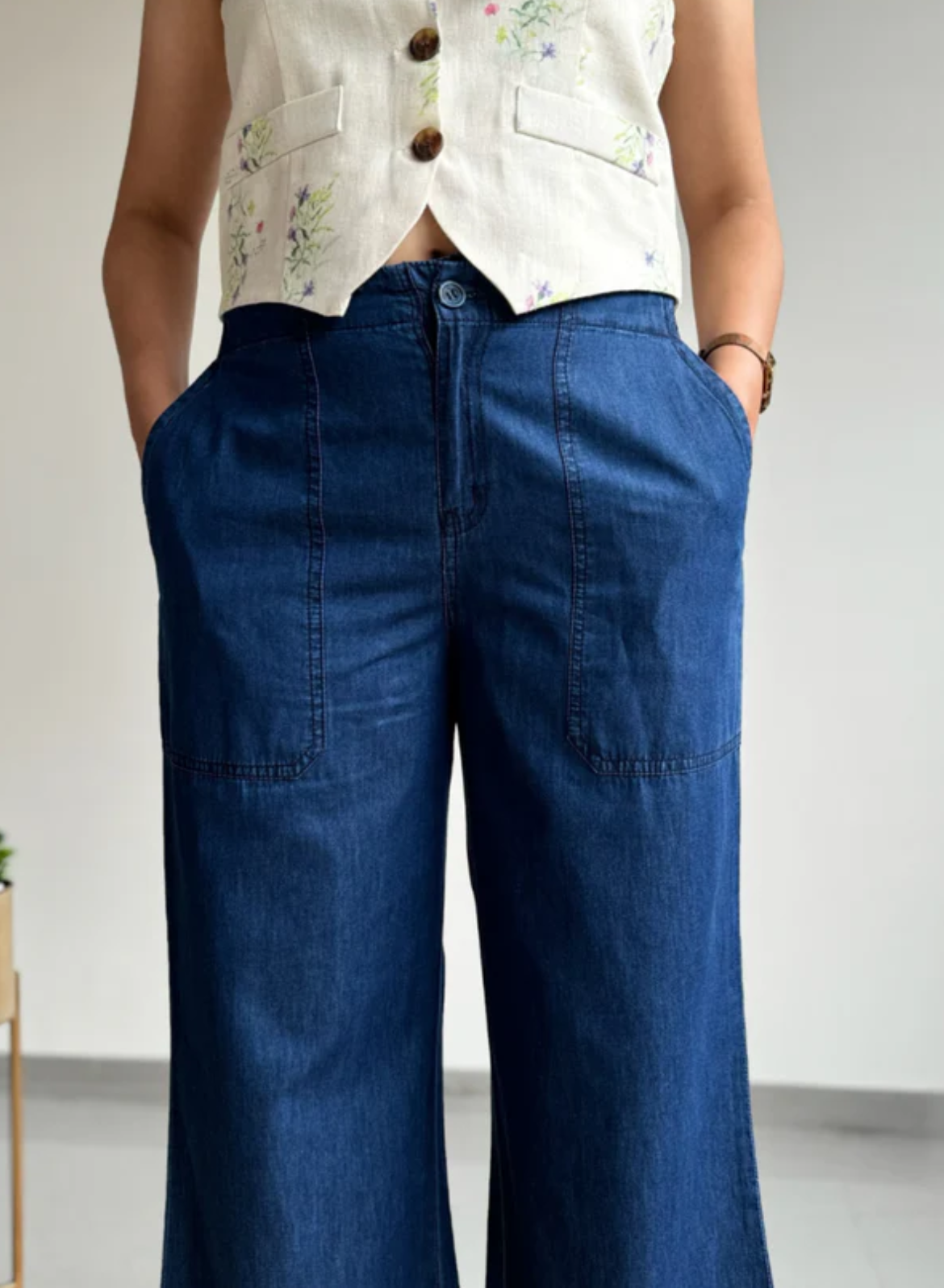 Navy Blue Wide Leg Pants – Classic Embroidery