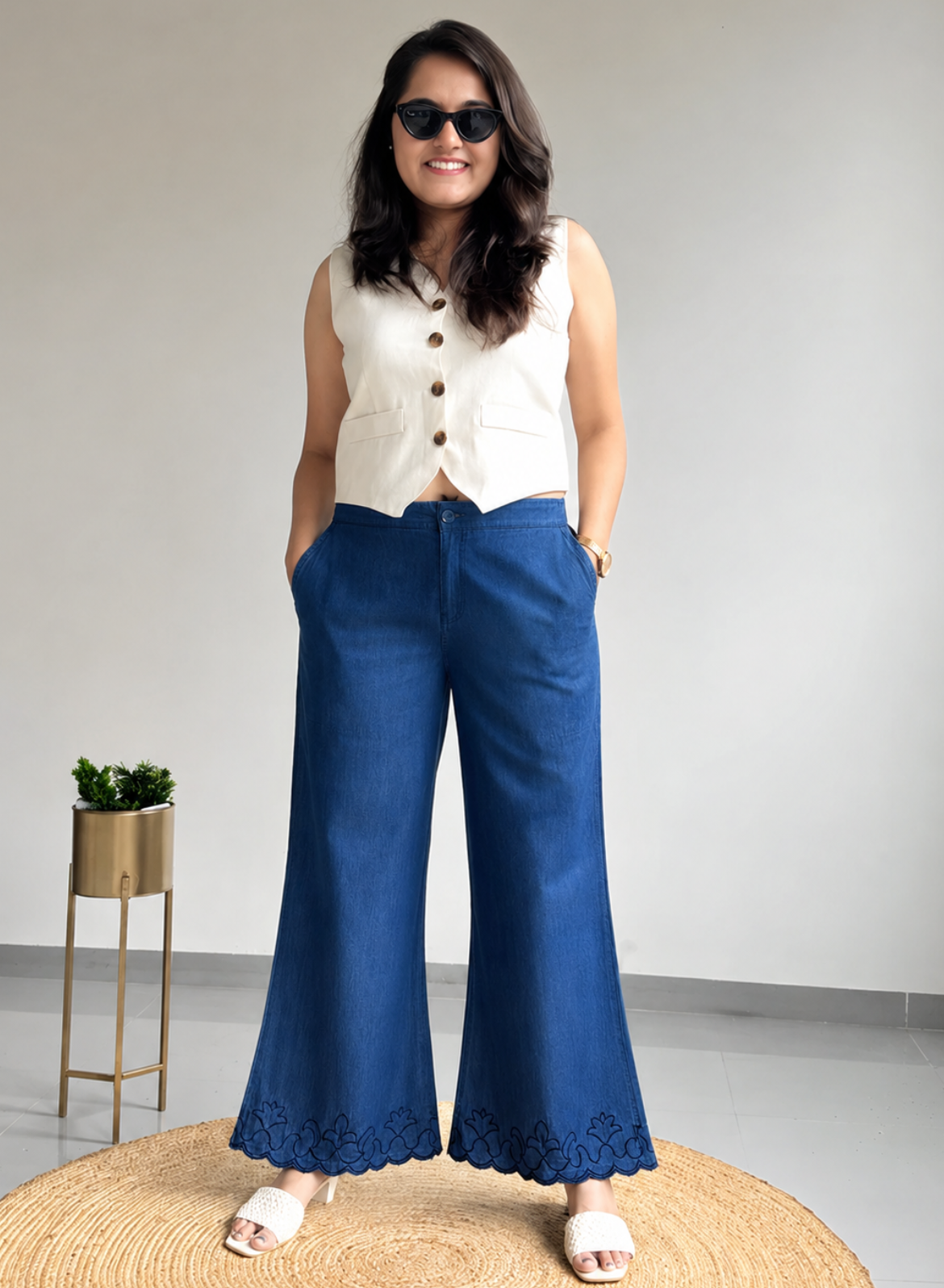 Navy Blue Wide Leg Pants – Classic Embroidery