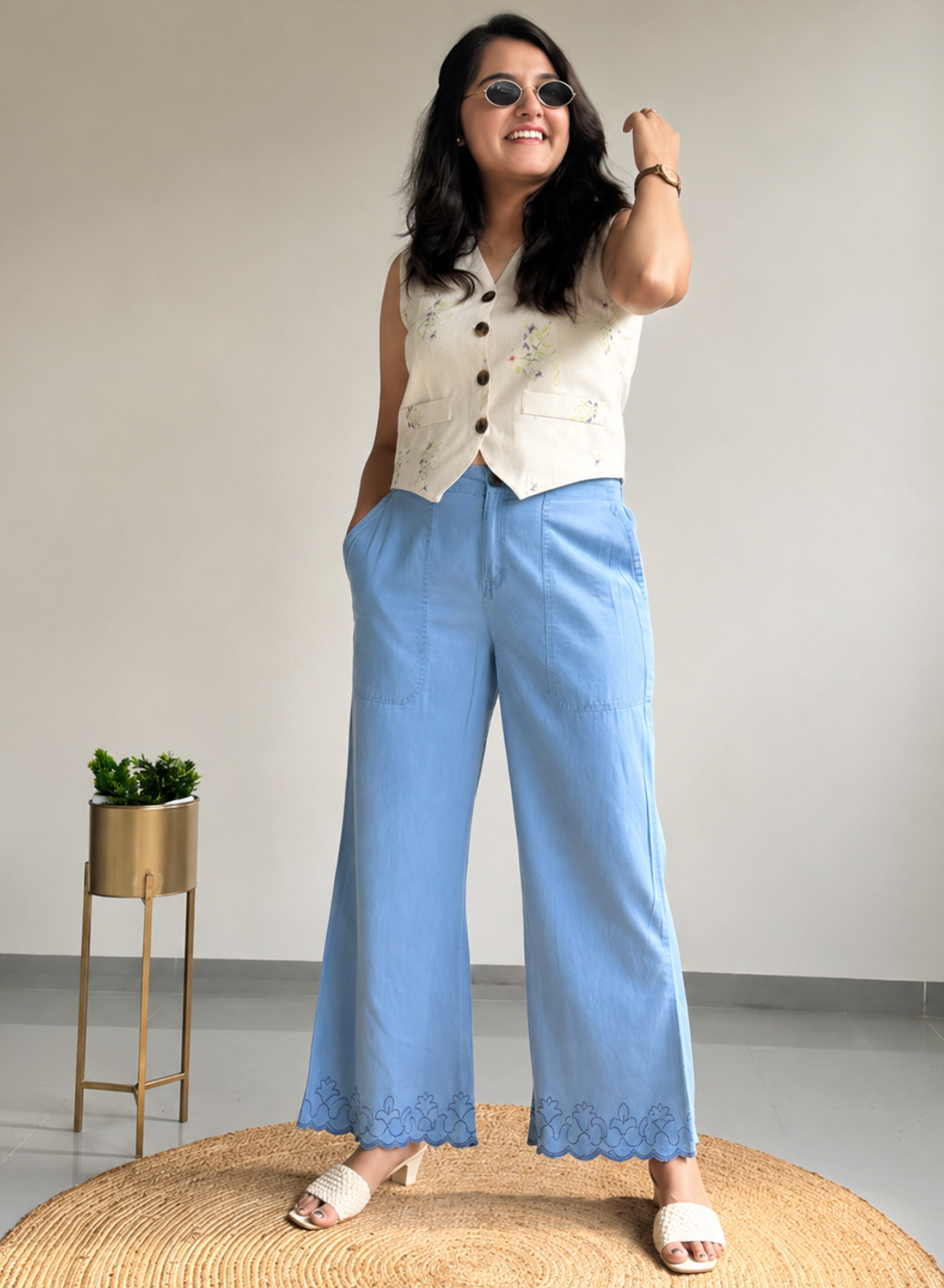 Light Blue Wide Leg Pants – Classic Embroidery