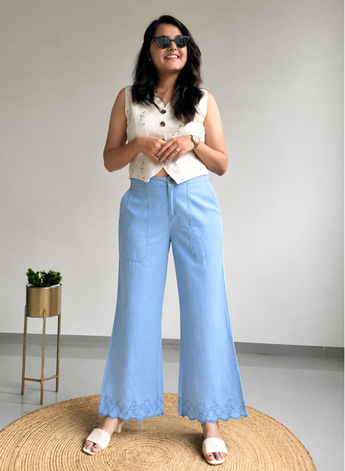 Light Blue Wide Leg Pants – Classic Embroidery