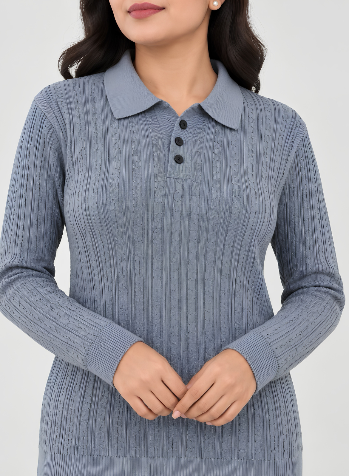 Grey Cable Knit Polo Sweater