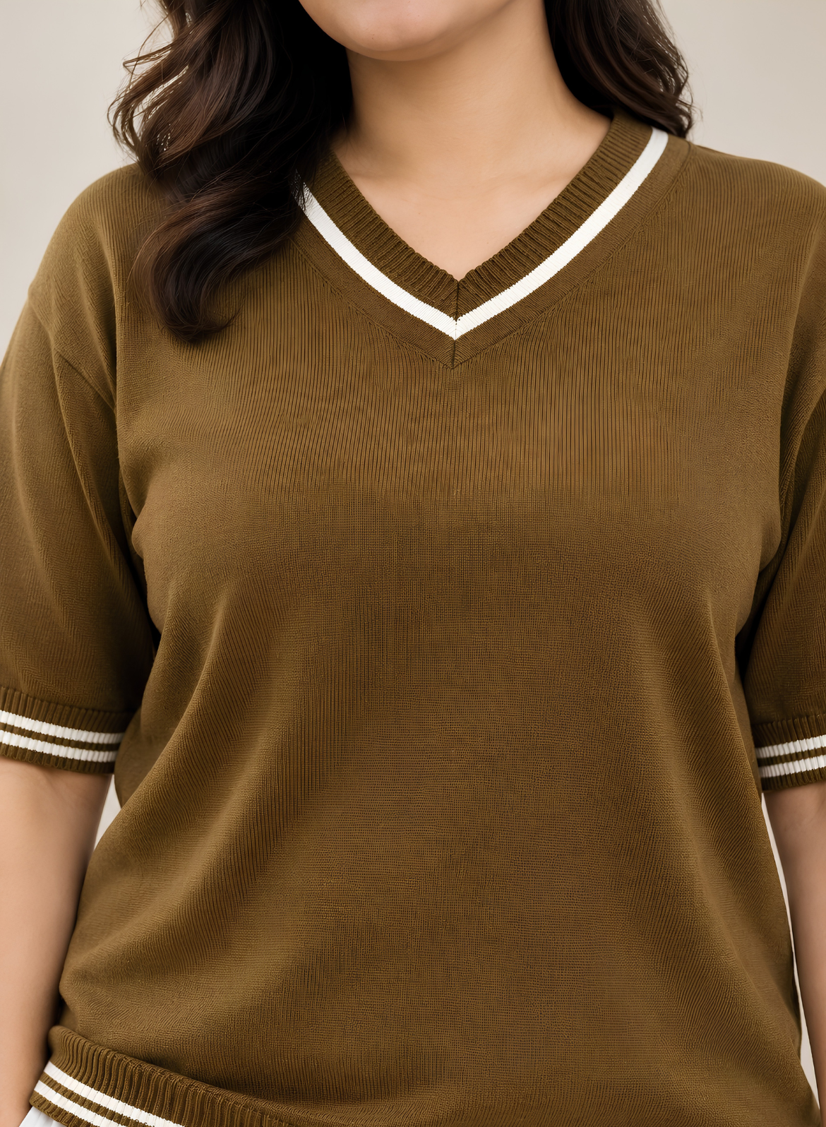 Olive Brown Knit V-Neck Top