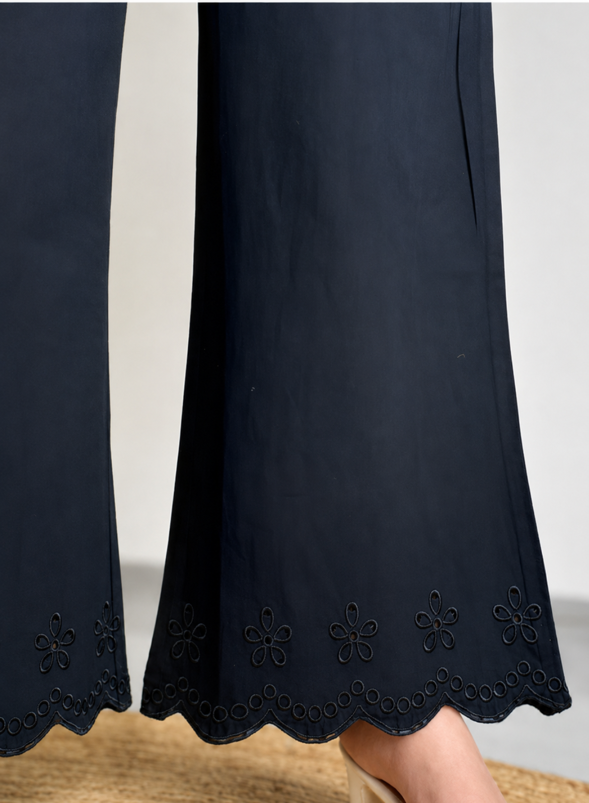 Black Wide Leg Pants – Floral Embroidery