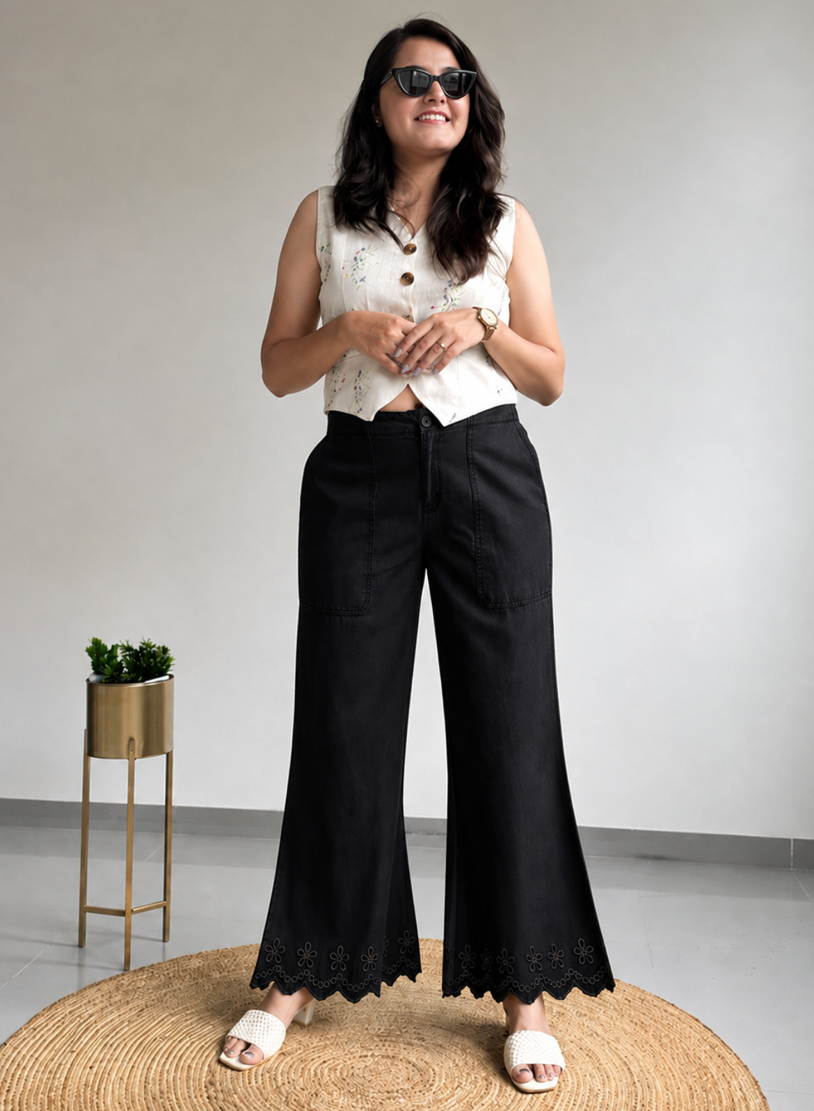 Black Wide Leg Pants – Floral Embroidery