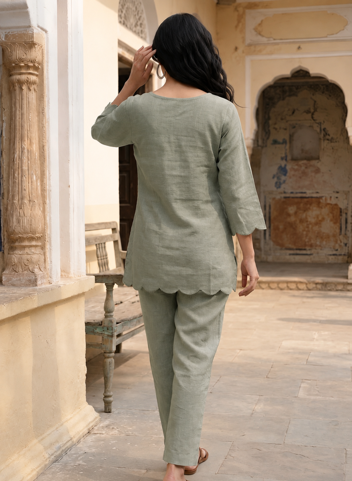 Sage Green Cotton Embroidered Co-ord Set