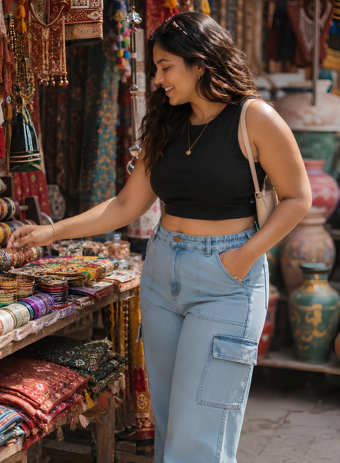 Women's Light Blue Wide Leg Cargo Jeans