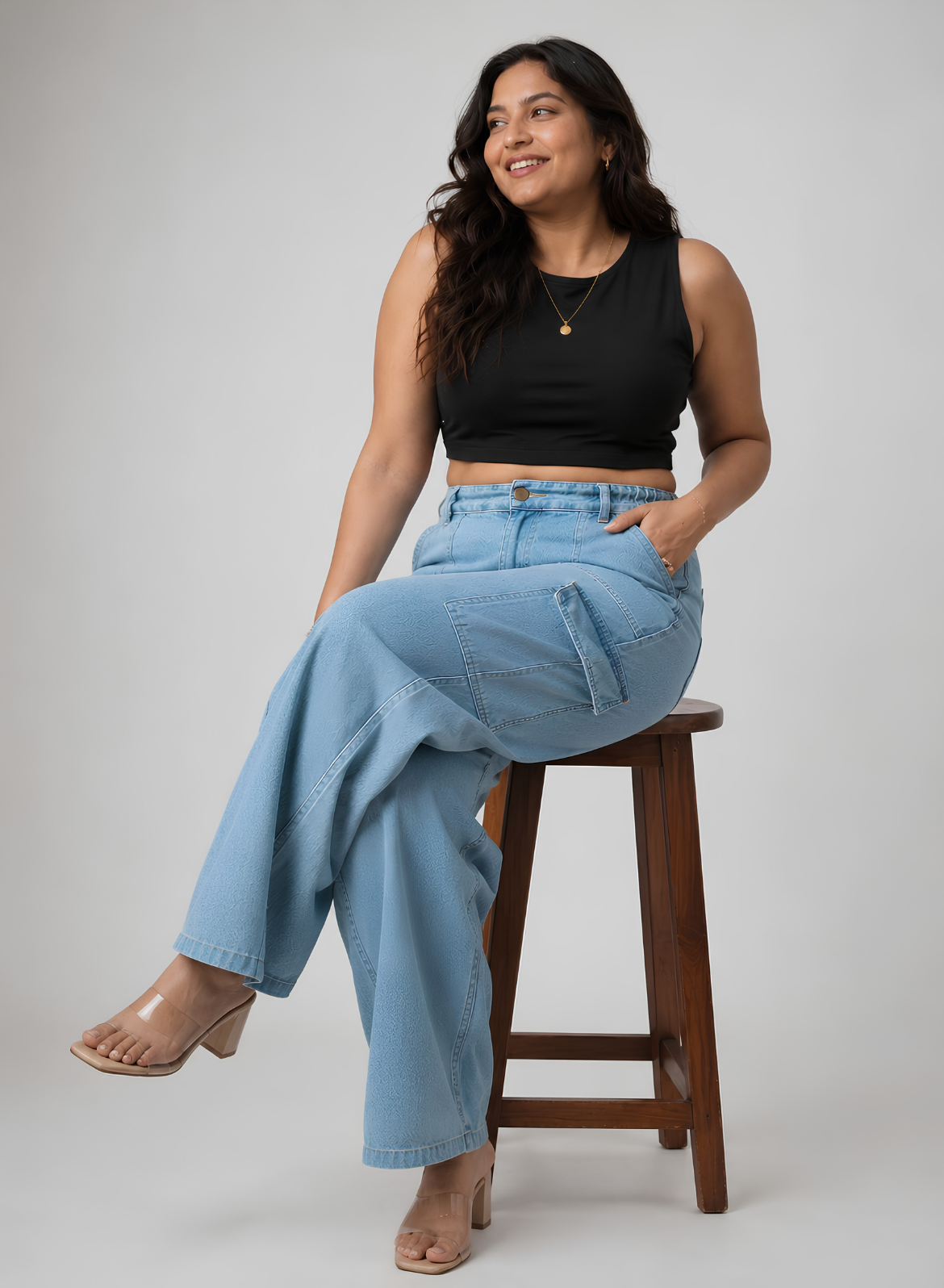 Women's Light Blue Wide Leg Cargo Jeans