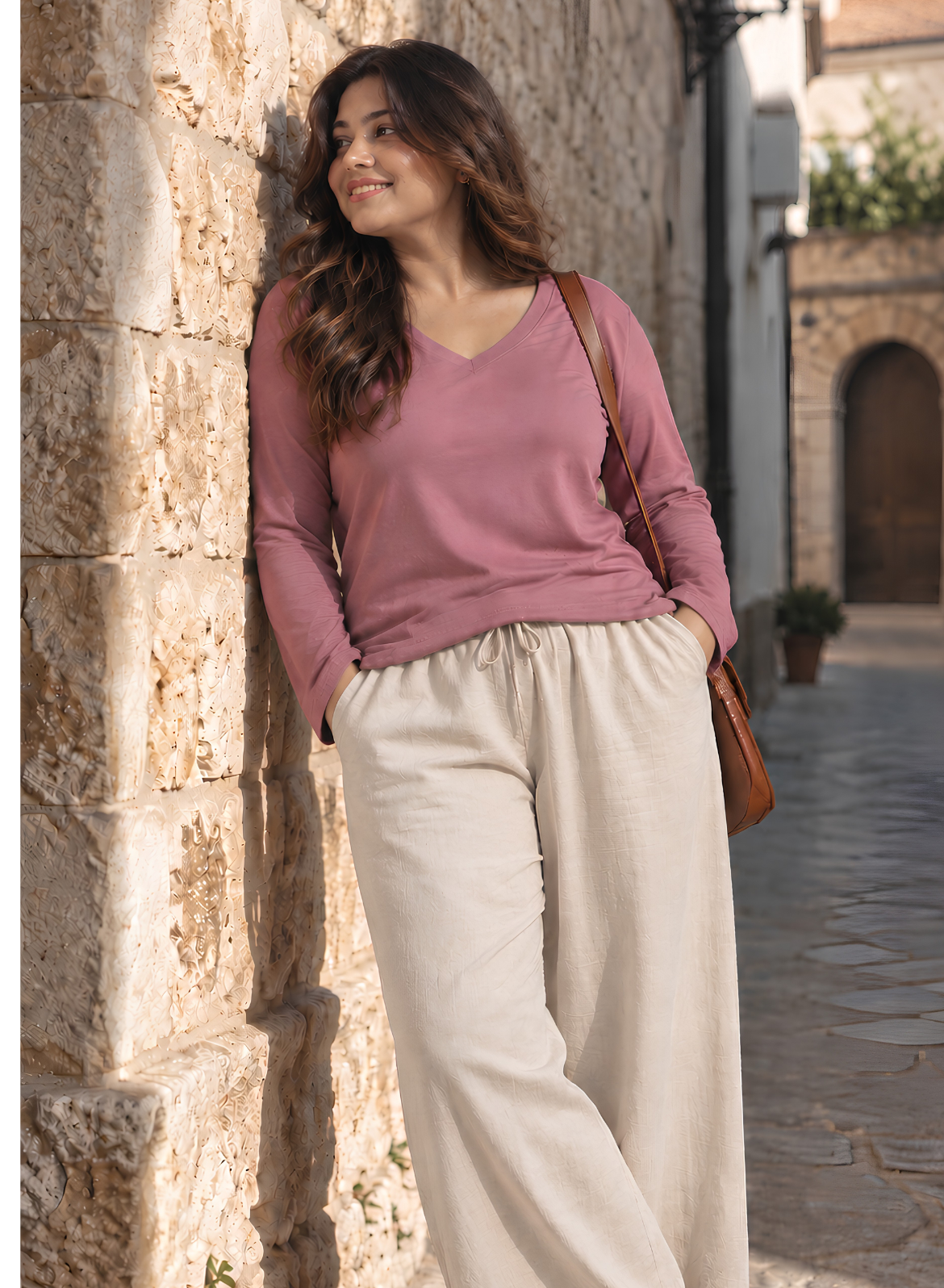 Powerful Pink Full Sleeves V-Neck T-shirt