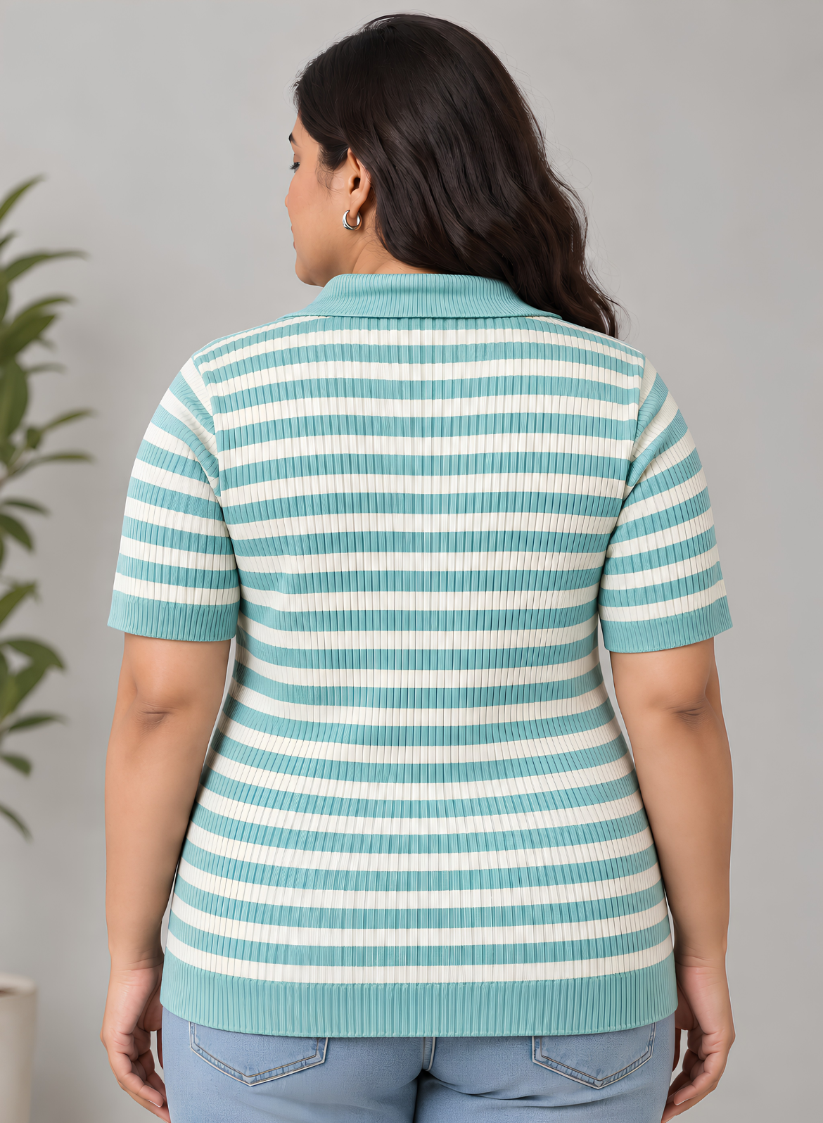 Aqua Green Striped Knit Polo Top