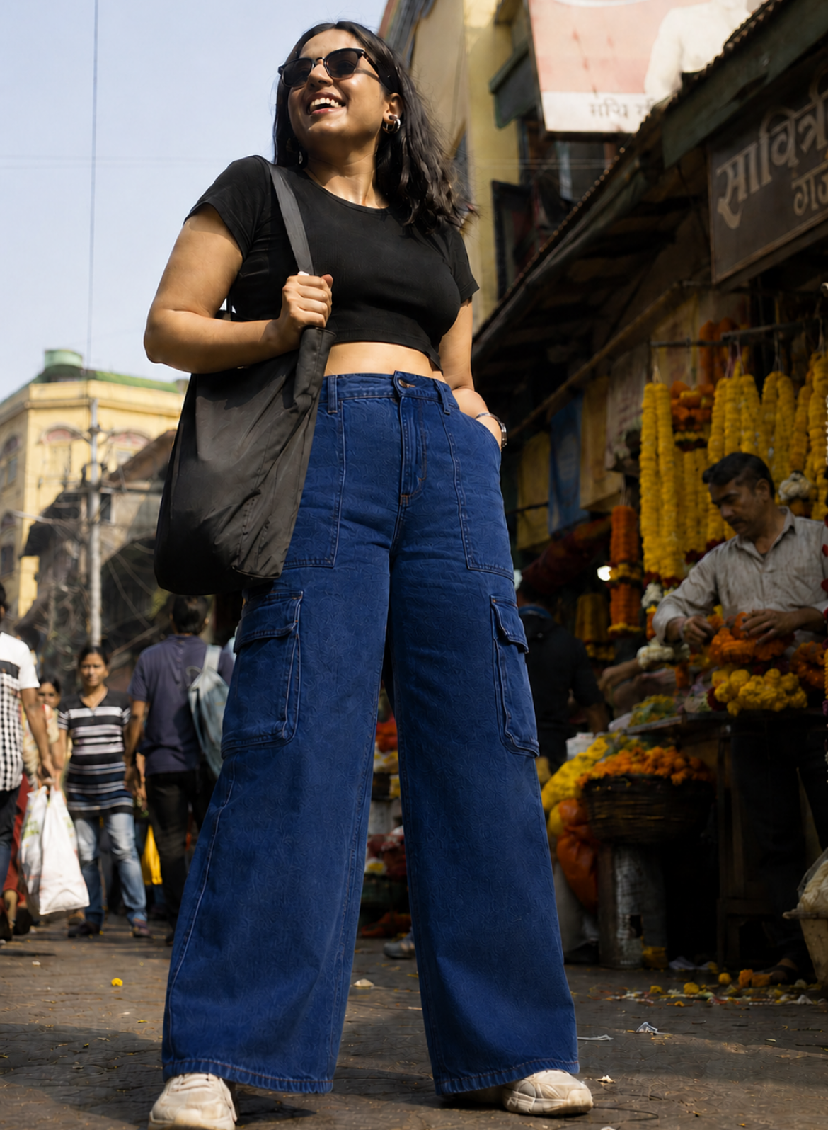 Women's Navy Blue Wide Leg Cargo Jeans