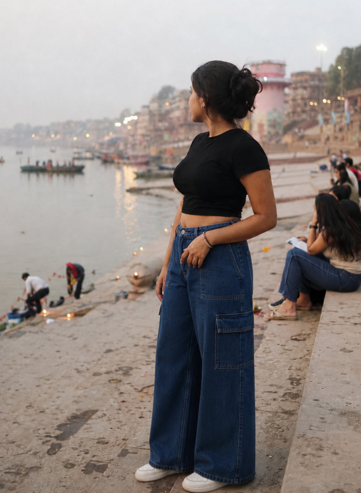 Women's Navy Blue Wide Leg Cargo Jeans