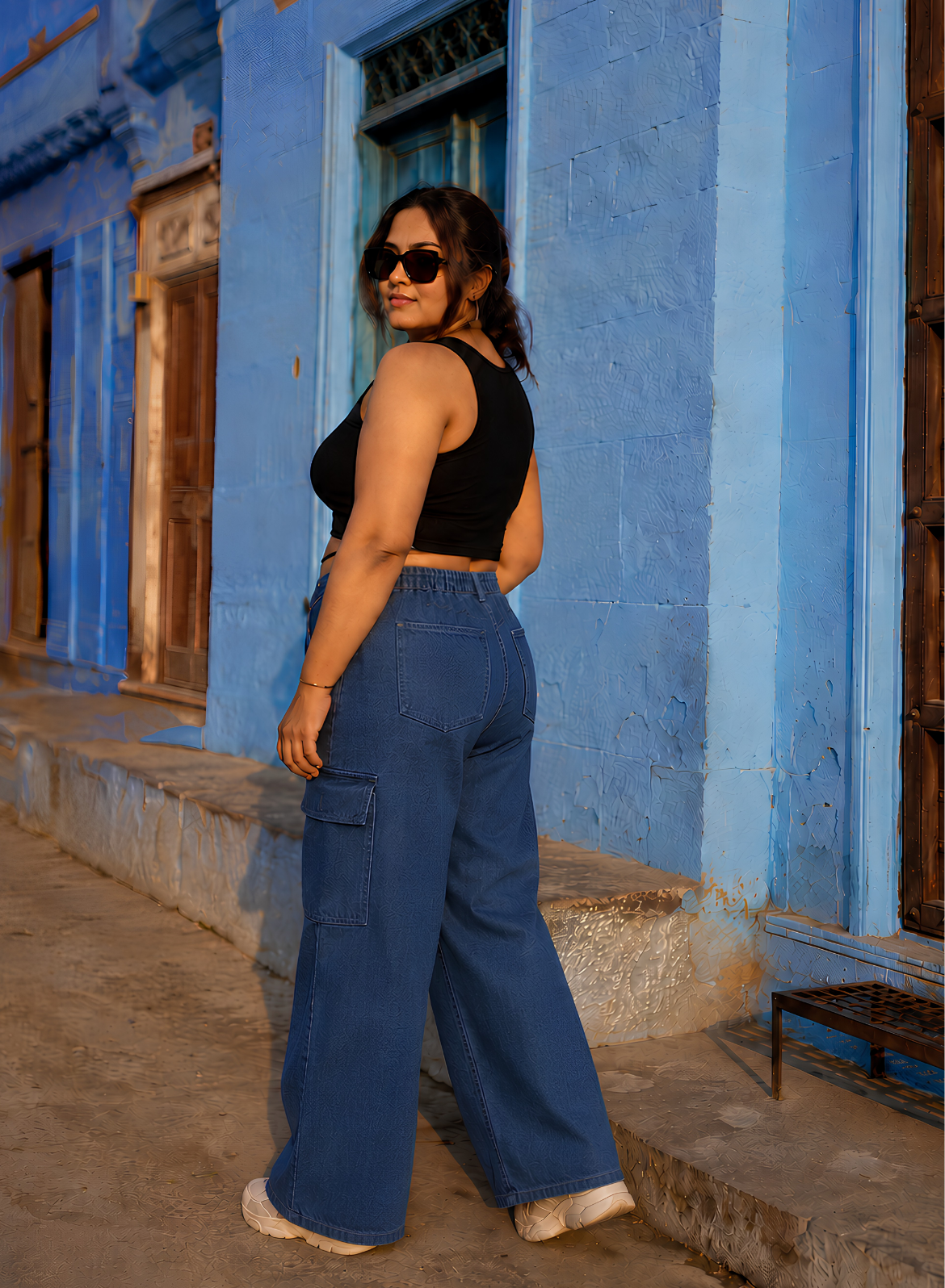 Women's Navy Blue Wide Leg Cargo Jeans