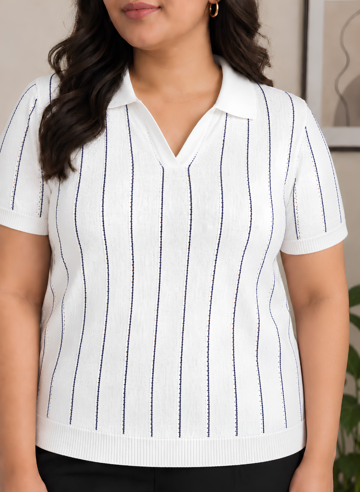White & Navy Striped Knit Polo Top