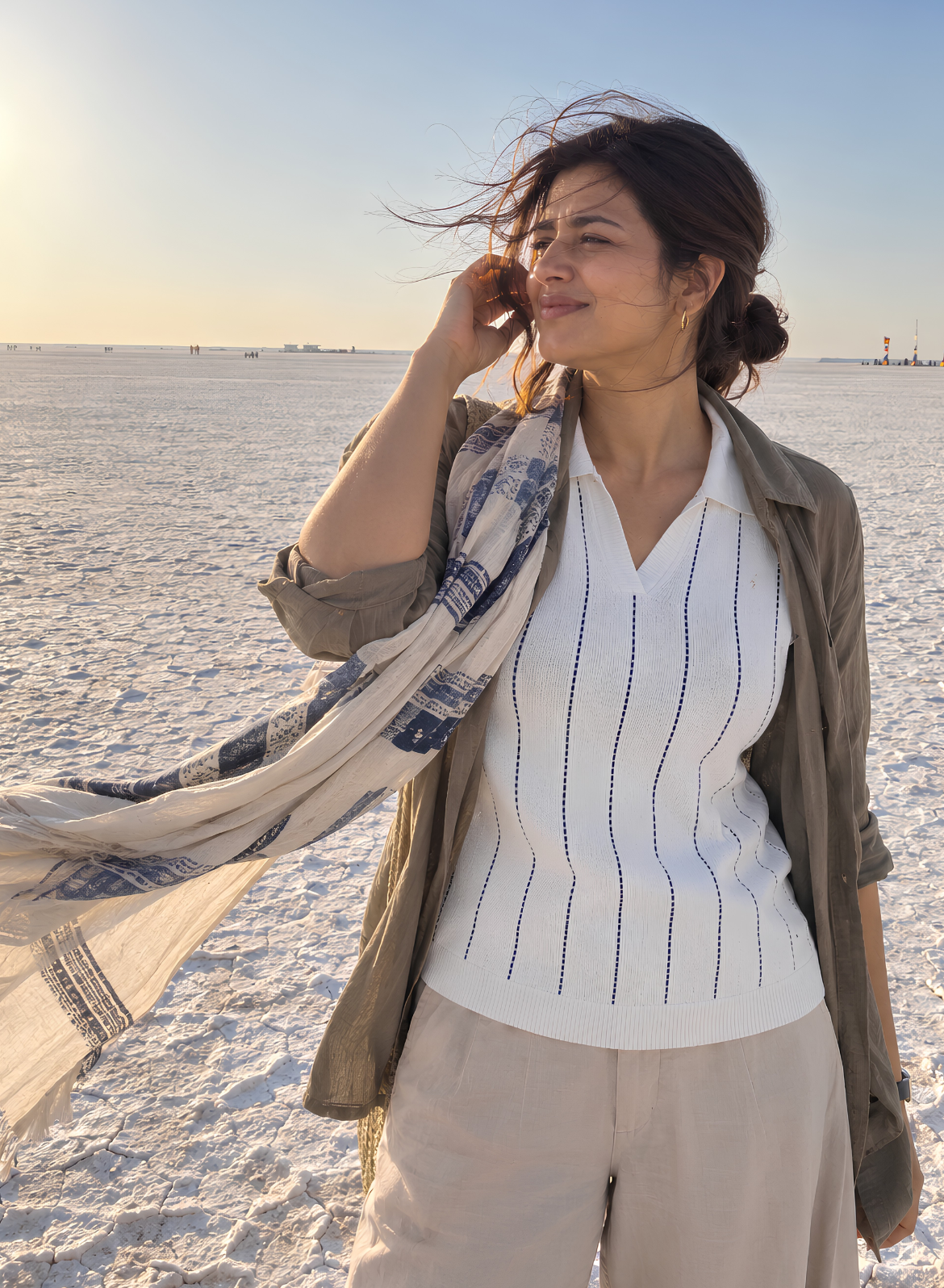 White & Navy Striped Knit Polo Top