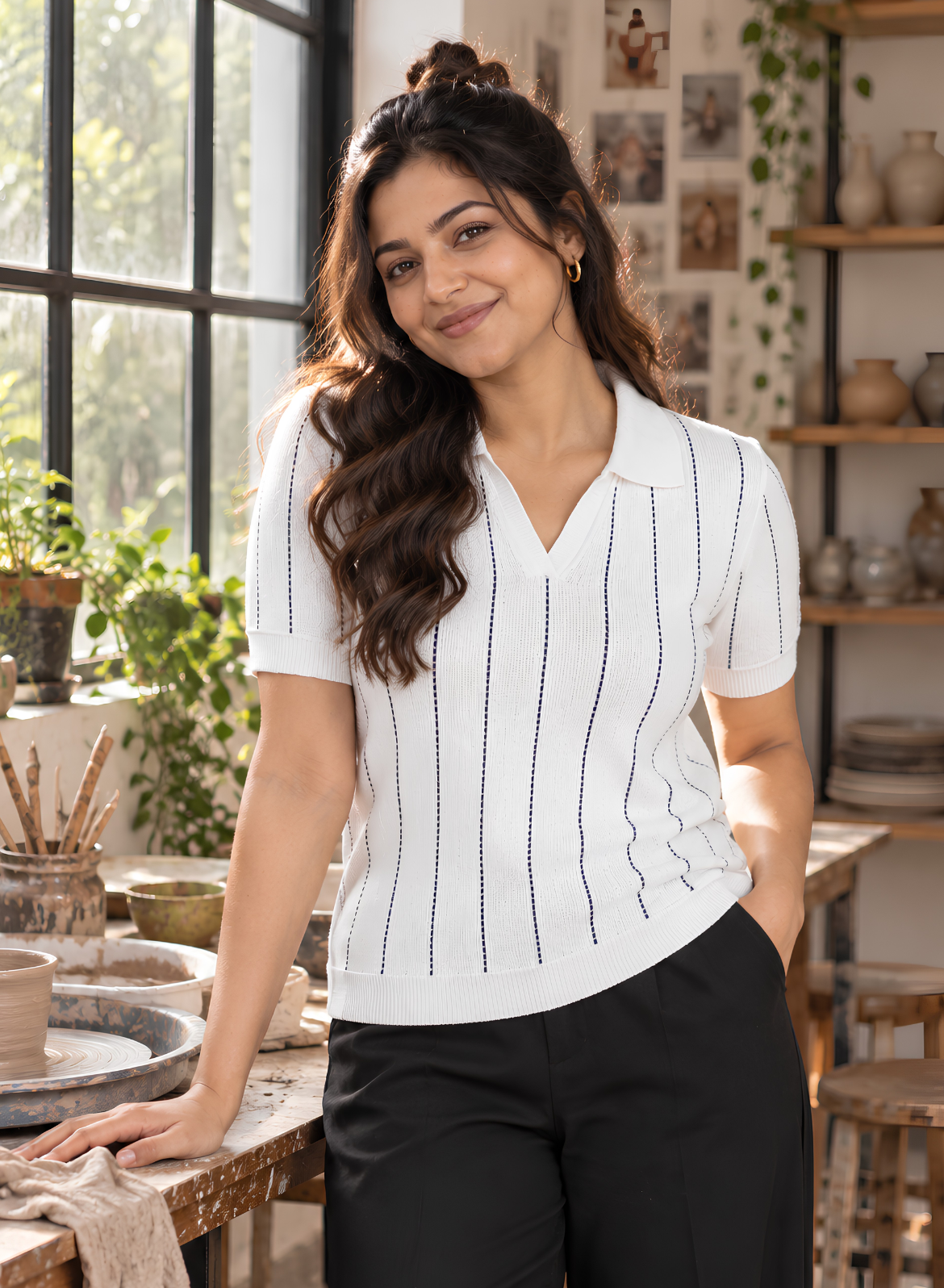 White & Navy Striped Knit Polo Top