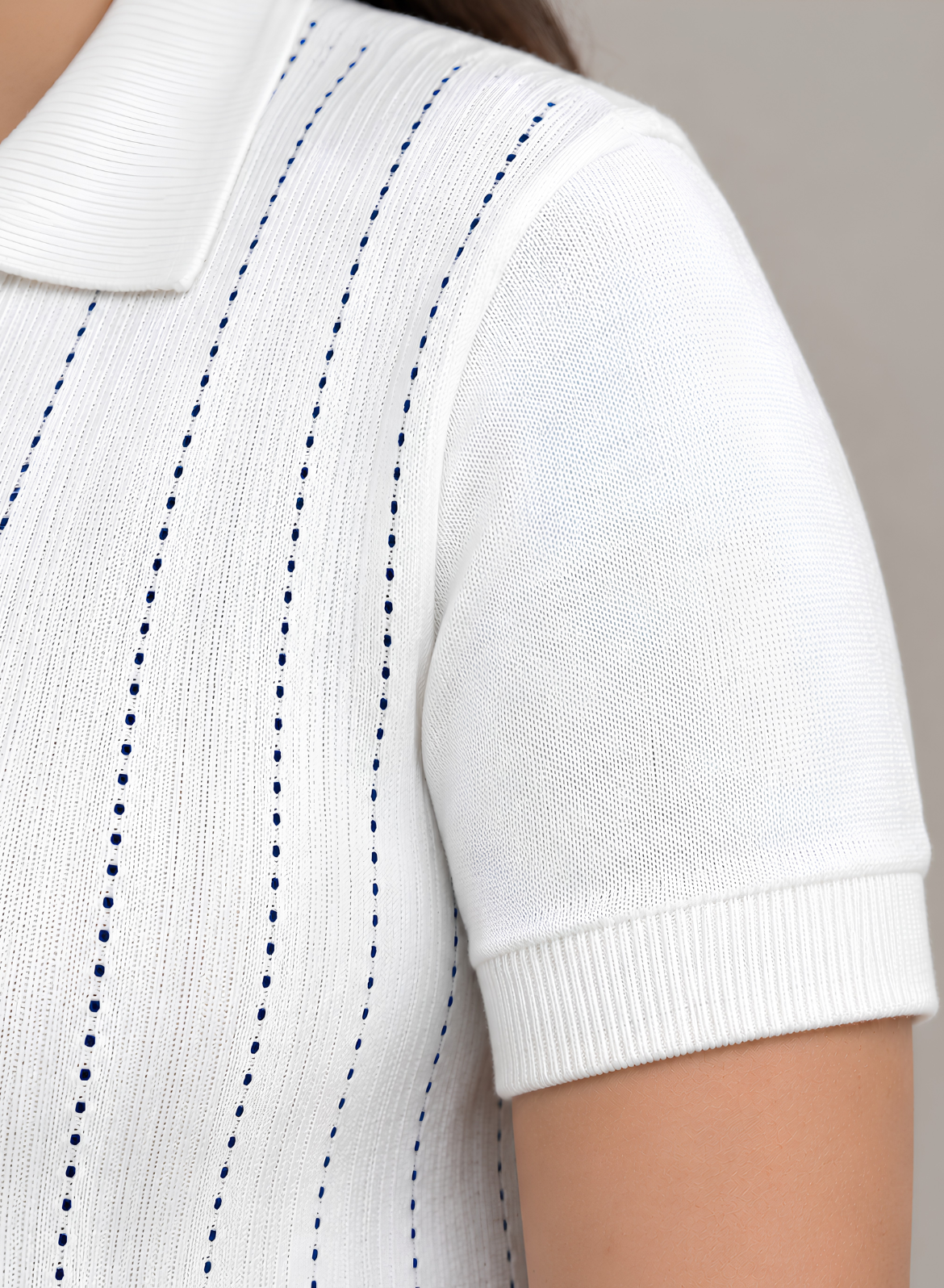 White & Navy Striped Knit Polo Top