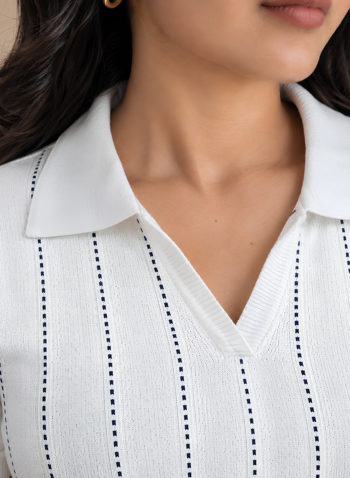 White & Navy Striped Knit Polo Top