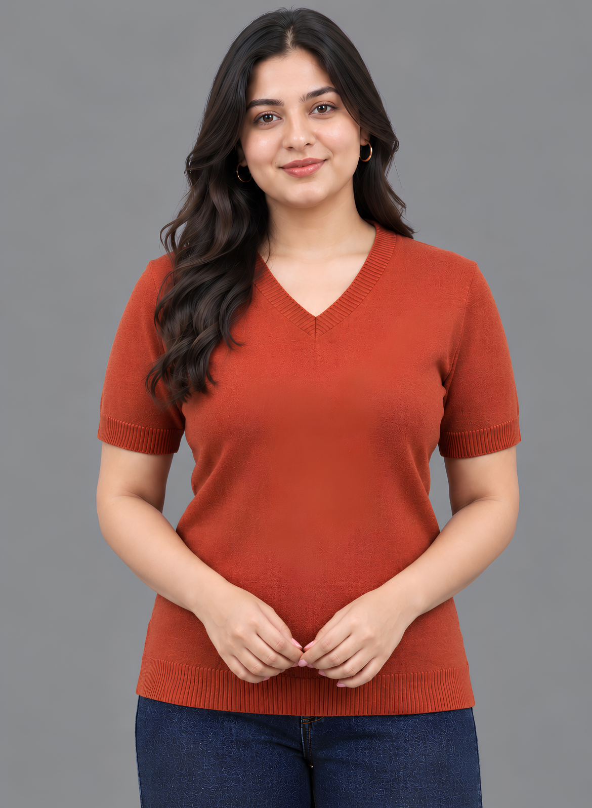 Rust V-Neck Knit Top